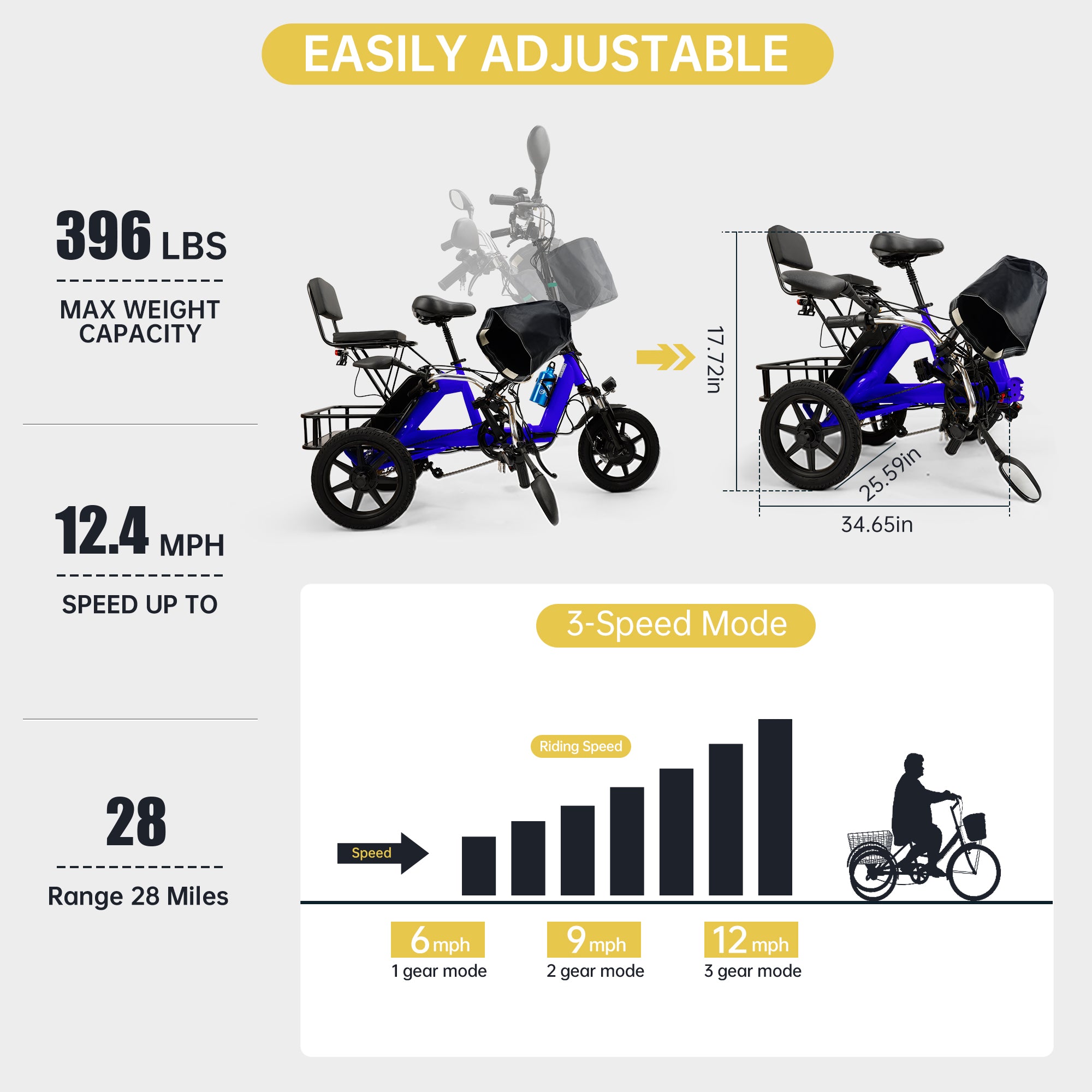Black Foldable Electric Trike with 350W Motor & 70km Range