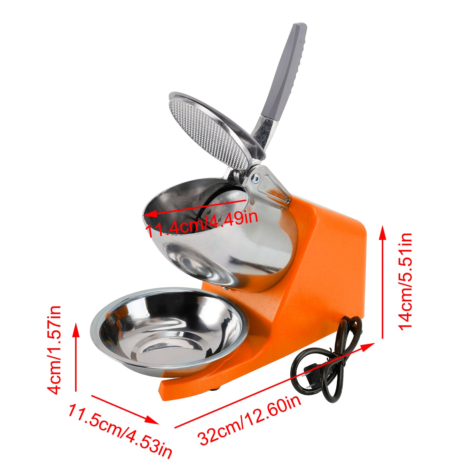 Summer Essential Orange 300W Electric Ice Crusher Machine,Shaver Snow Cone Maker,Dual Blades Aluminium Cover, Kitchen Utensils for Home Commercial Use