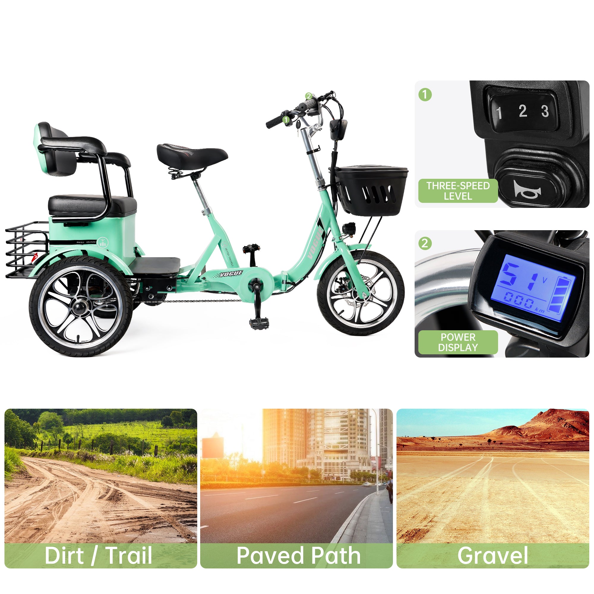 400W 48V 12A Electric Folding Tricycle 3 Wheel E-bike Green with Rear Seat for Adult