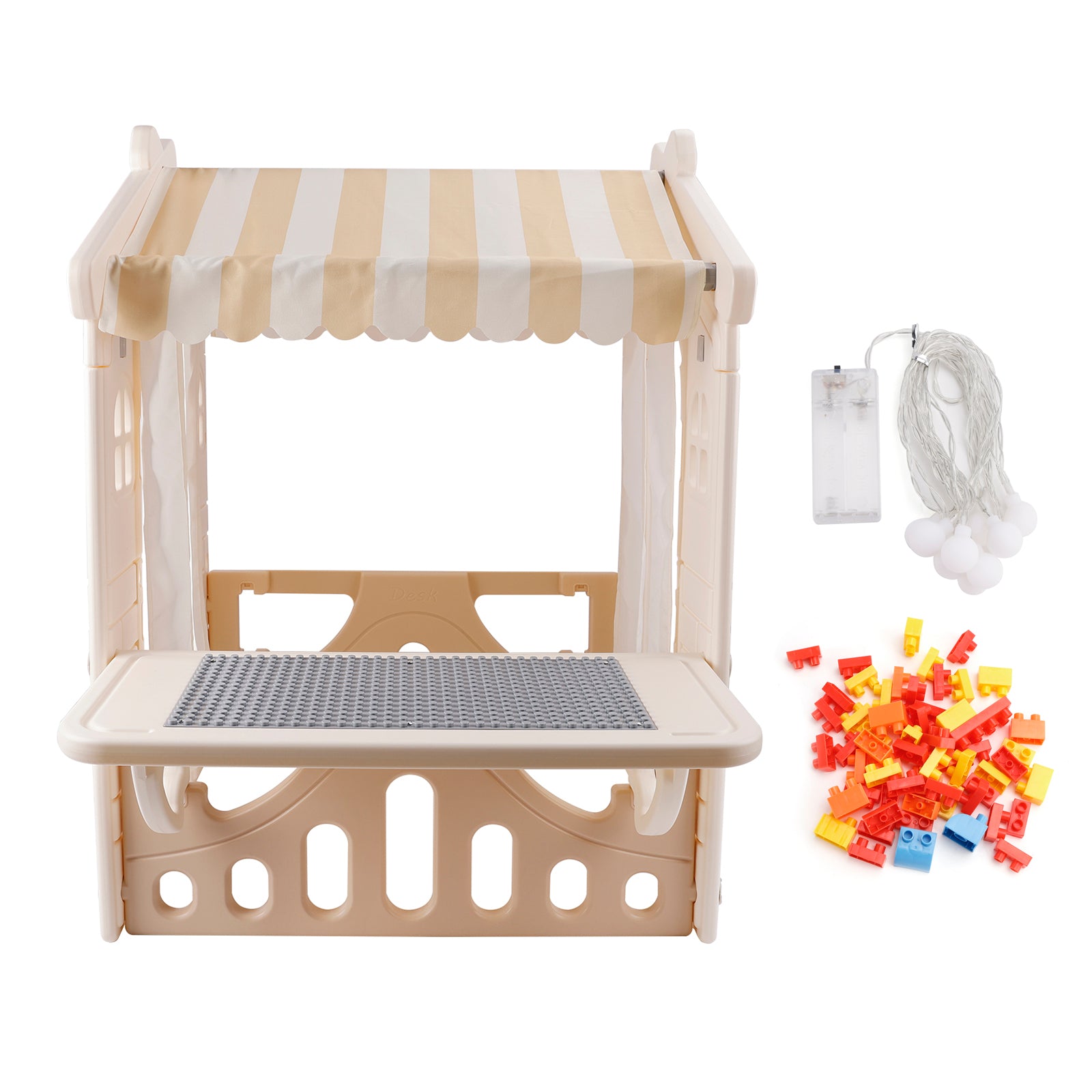 Kids Plastic Outdoor Playhouse with Lights & Building Blocks – Toddler Playhouse Toy for Backyard & Garden Fun