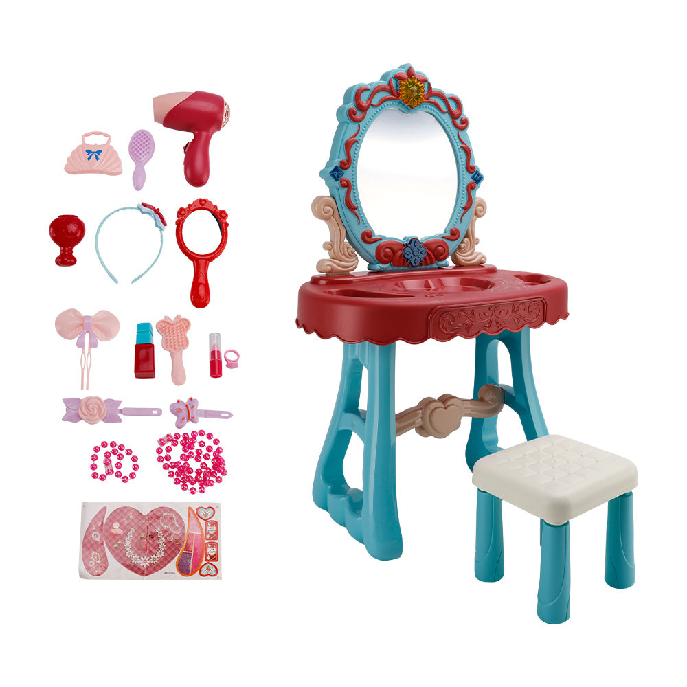 Toddler Makeup Table with Mirror and Chair Kids Vanity Set with Blowdryer for 3+