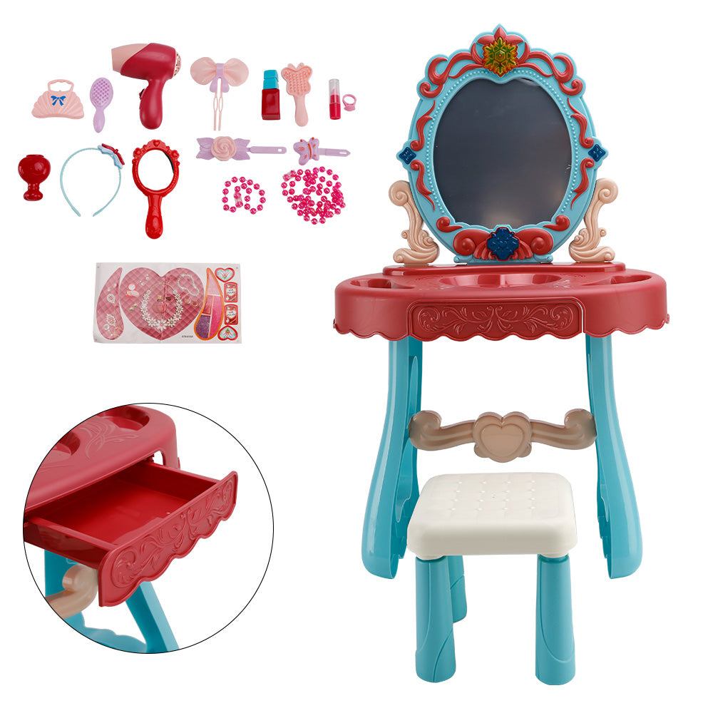 Toddler Makeup Table with Mirror and Chair Kids Vanity Set with Blowdryer for 3+