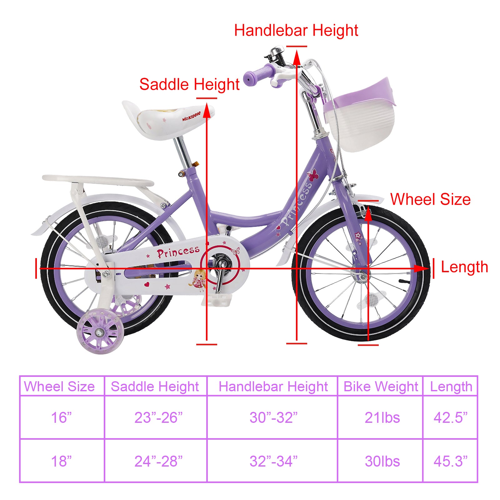 16"/18" Kids Bicycle Girls Bike with Training Wheels Basket Kickstand