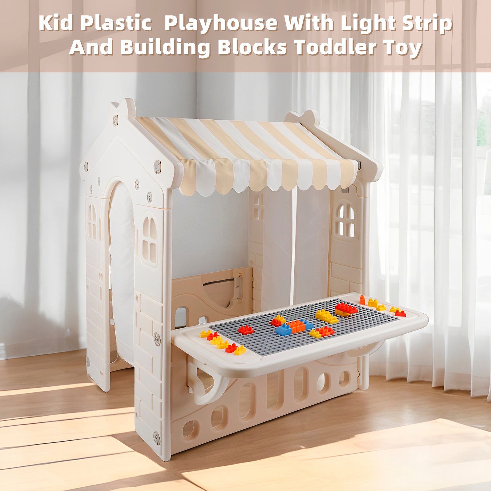 Kids Plastic Outdoor Playhouse with Lights & Building Blocks – Toddler Playhouse Toy for Backyard & Garden Fun