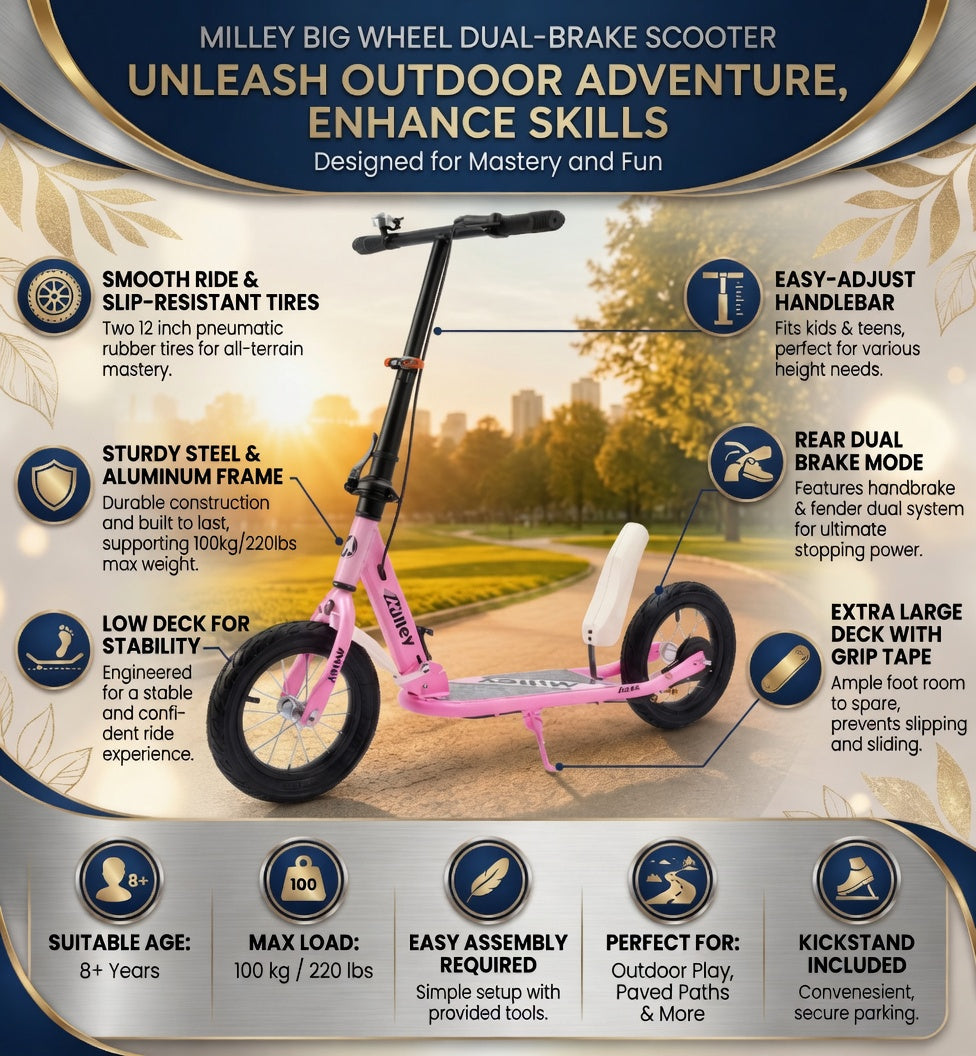 Pink Shock-Absorbing Scooter for Adults & Teens – 12" Large Rolling Rubber Tires, Foldable