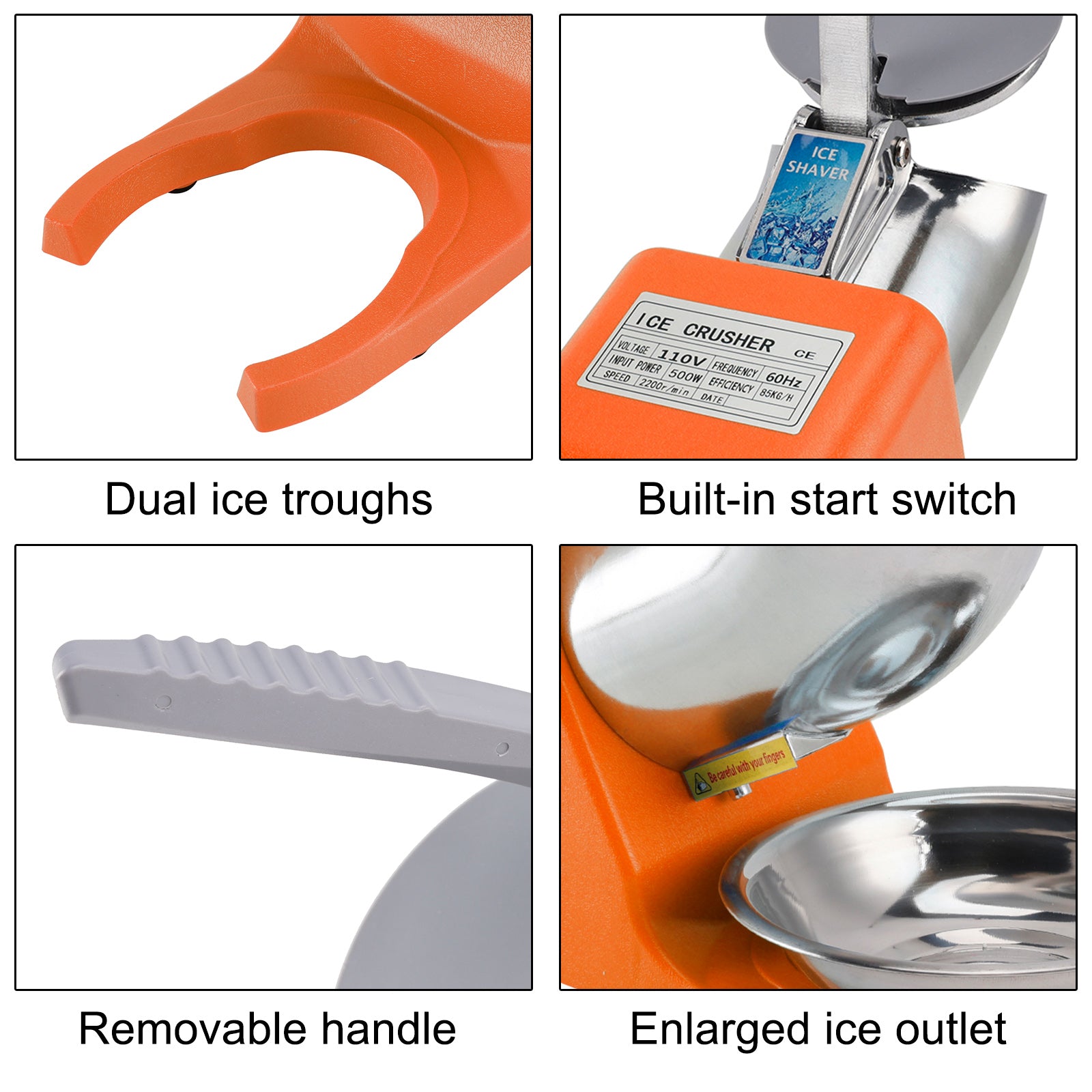 Summer Essential Orange 300W Electric Ice Crusher Machine,Shaver Snow Cone Maker,Dual Blades Aluminium Cover, Kitchen Utensils for Home Commercial Use