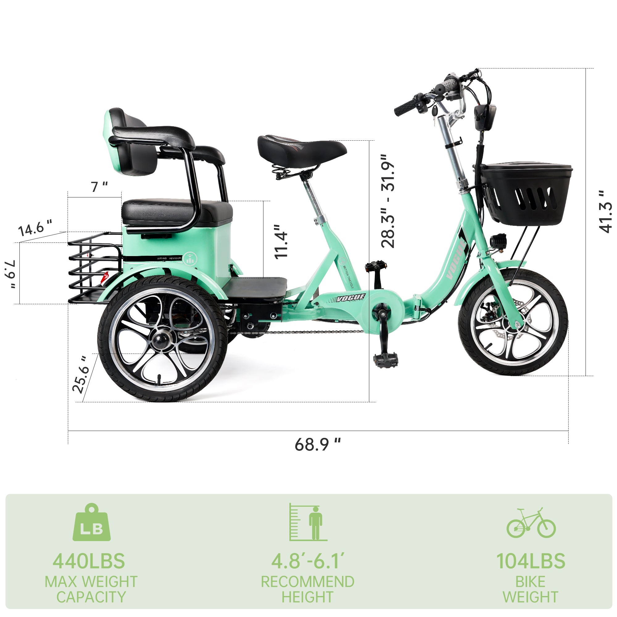 400W 48V 12A Electric Folding Tricycle 3 Wheel E-bike Green with Rear Seat for Adult
