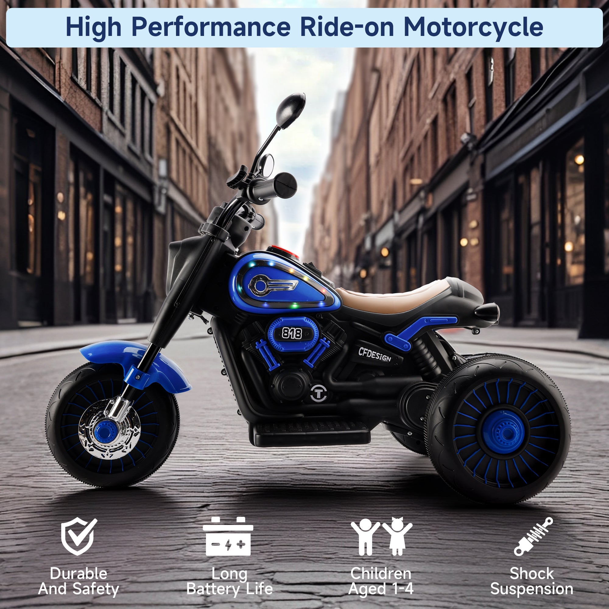 3-Wheel 6V Kids Ride-On Motorcycle with Music & Lights – Blue