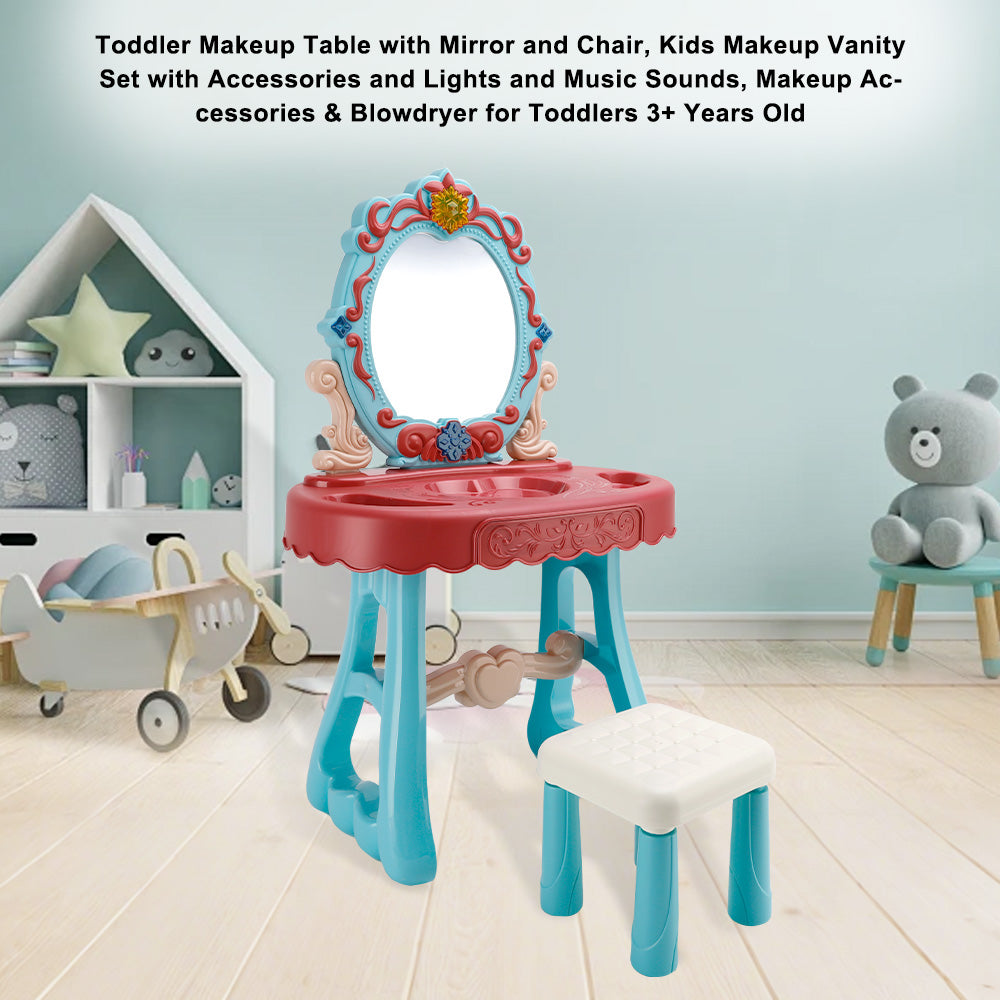 Toddler Makeup Table with Mirror and Chair Kids Vanity Set with Blowdryer for 3+