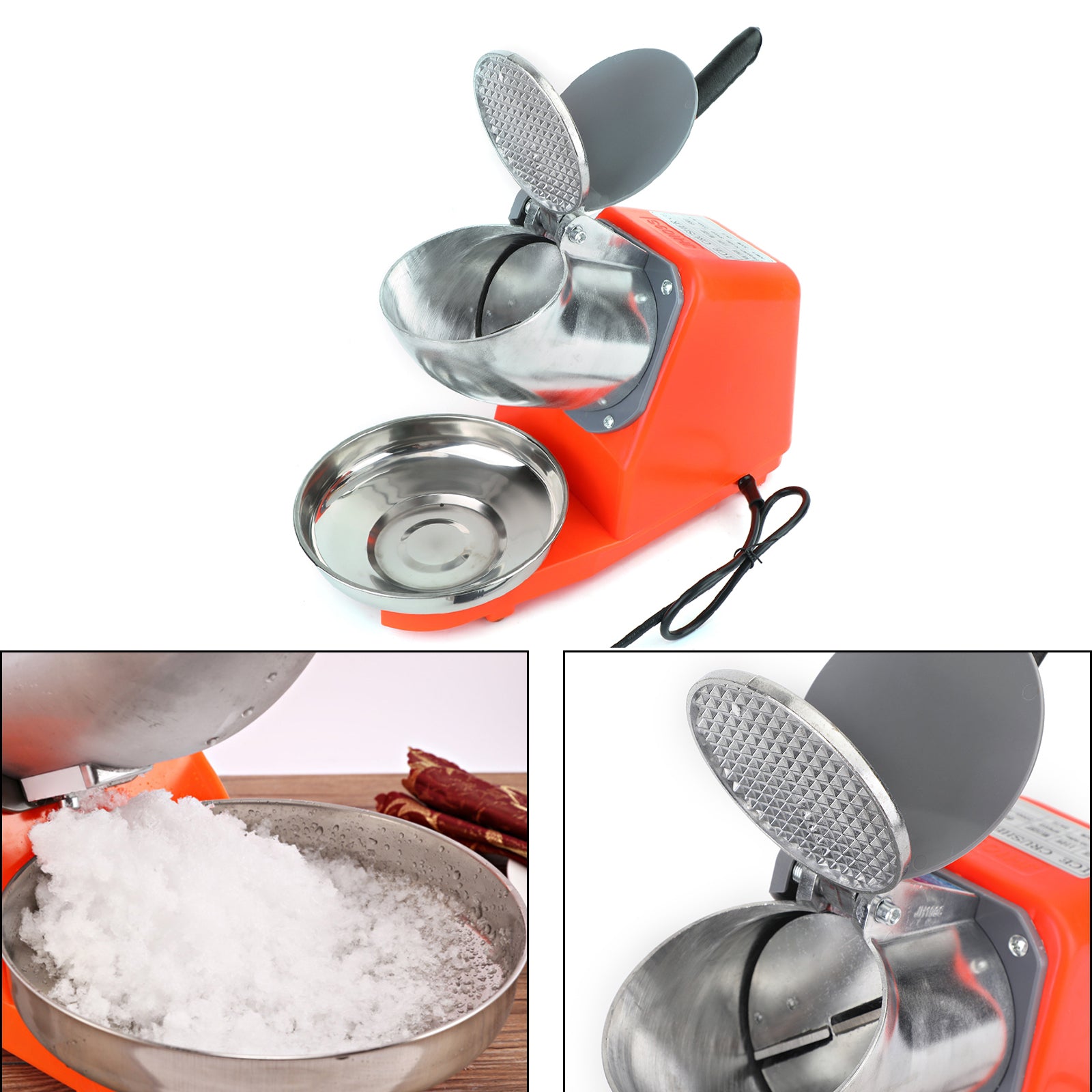 Summer Essential Orange 300W Electric Ice Crusher Machine,Shaver Snow Cone Maker,Dual Blades Aluminium Cover, Kitchen Utensils for Home Commercial Use