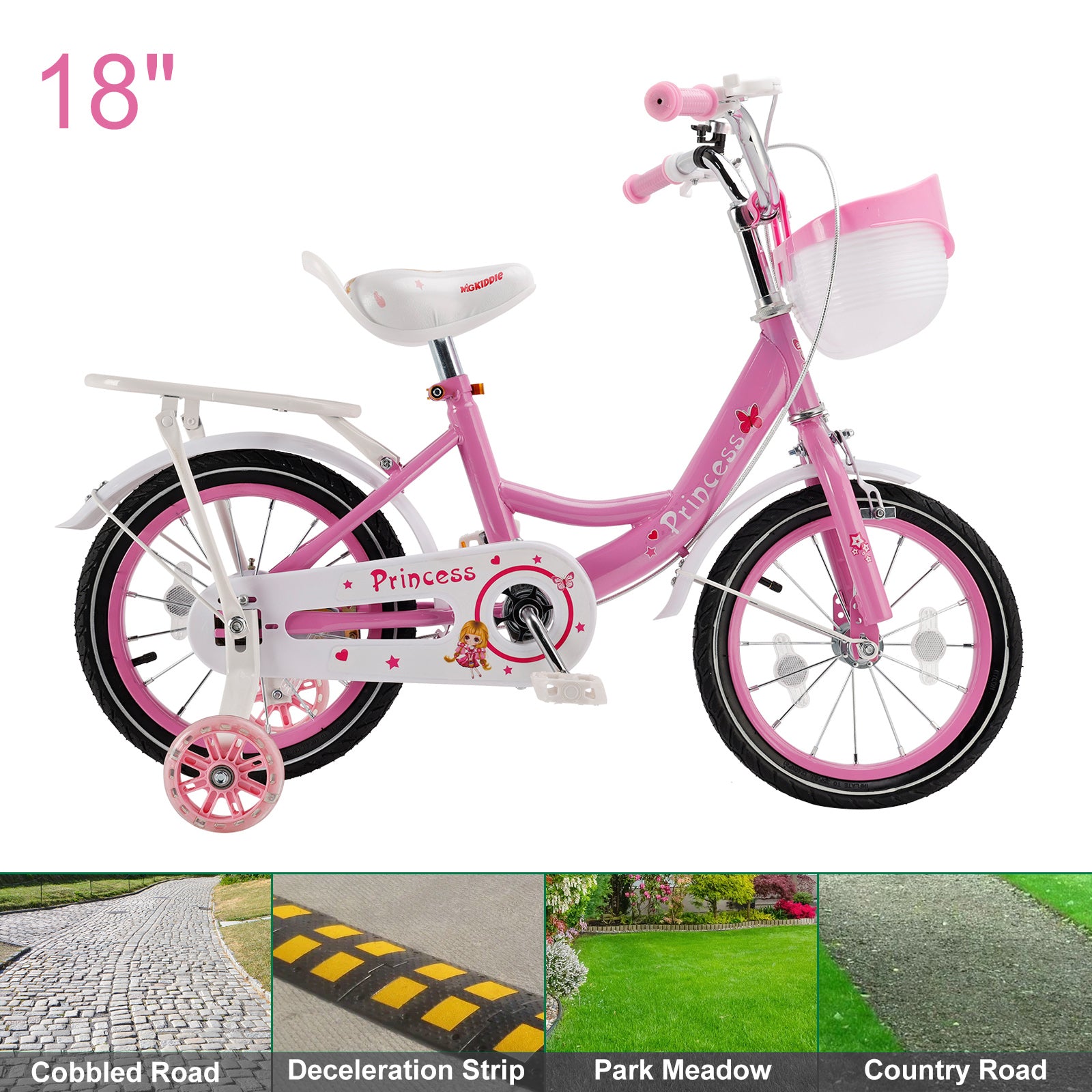 18" Children Princess Bicycle Girls Bike with Removable Training Wheels Pink