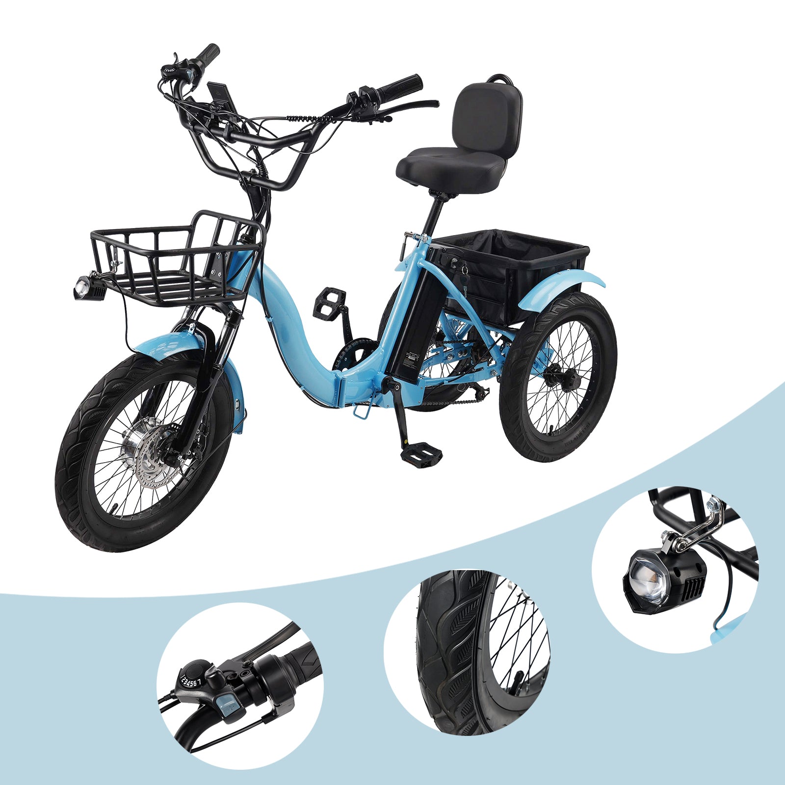 18*3.0 48V 13AH 350W (peak 525W) Electric Tricycle E-Trike with IPX7 Display