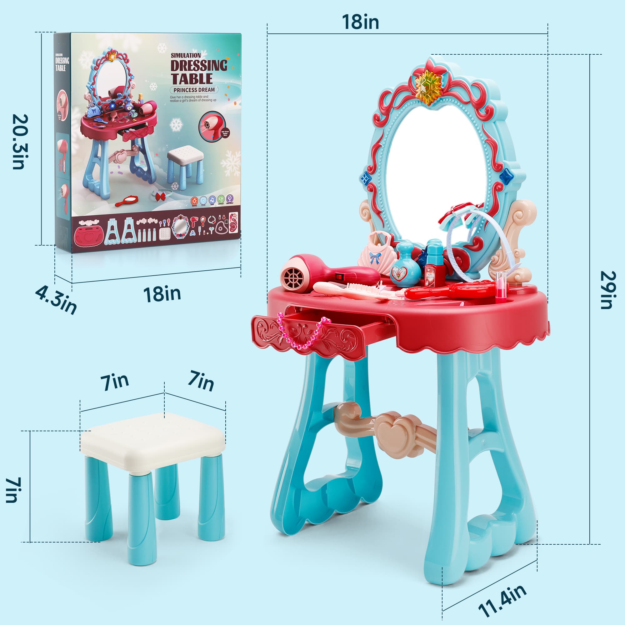 Toddler Makeup Table with Mirror and Chair Kids Vanity Set with Blowdryer for 3+