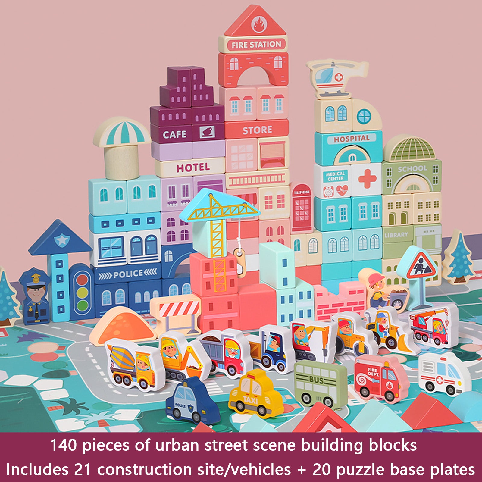 Urban Street Scene Building Blocks Set for Toddlers -140 Durable Blocks with Educational Puzzle-Kid’s Blocks