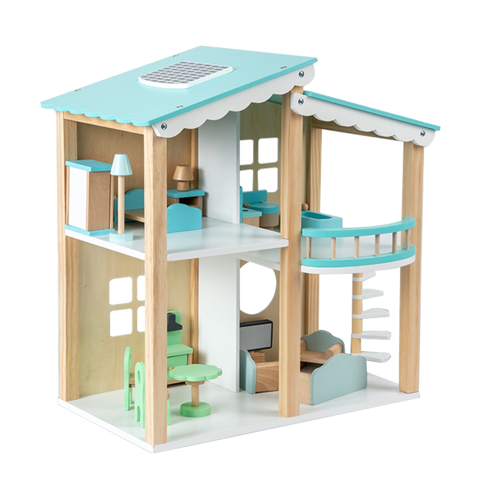 2 Story Blue Wooden Doll House With 16 Accessories Toy Gift For 3 +Years Kids