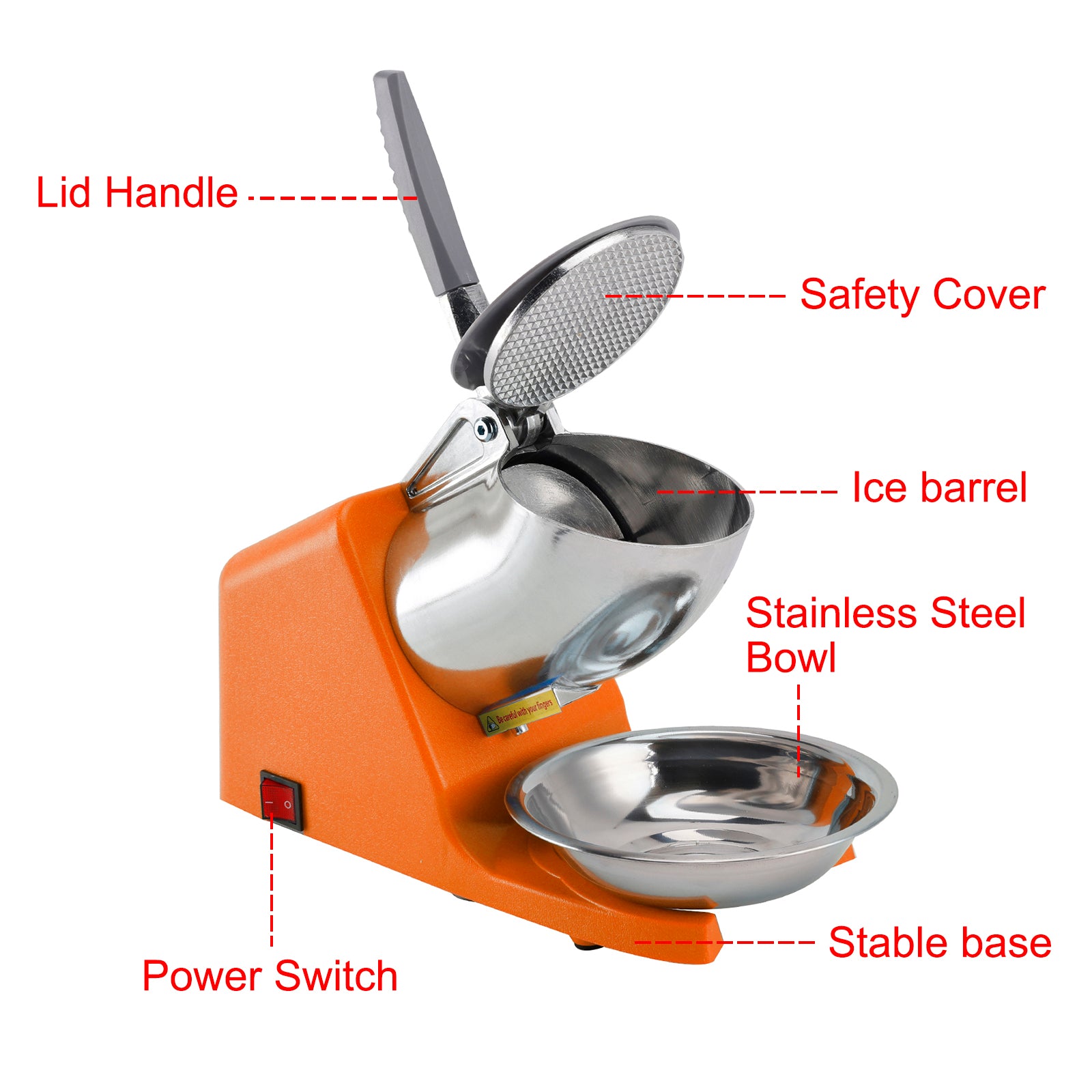 Summer Essential Orange 300W Electric Ice Crusher Machine,Shaver Snow Cone Maker,Dual Blades Aluminium Cover, Kitchen Utensils for Home Commercial Use