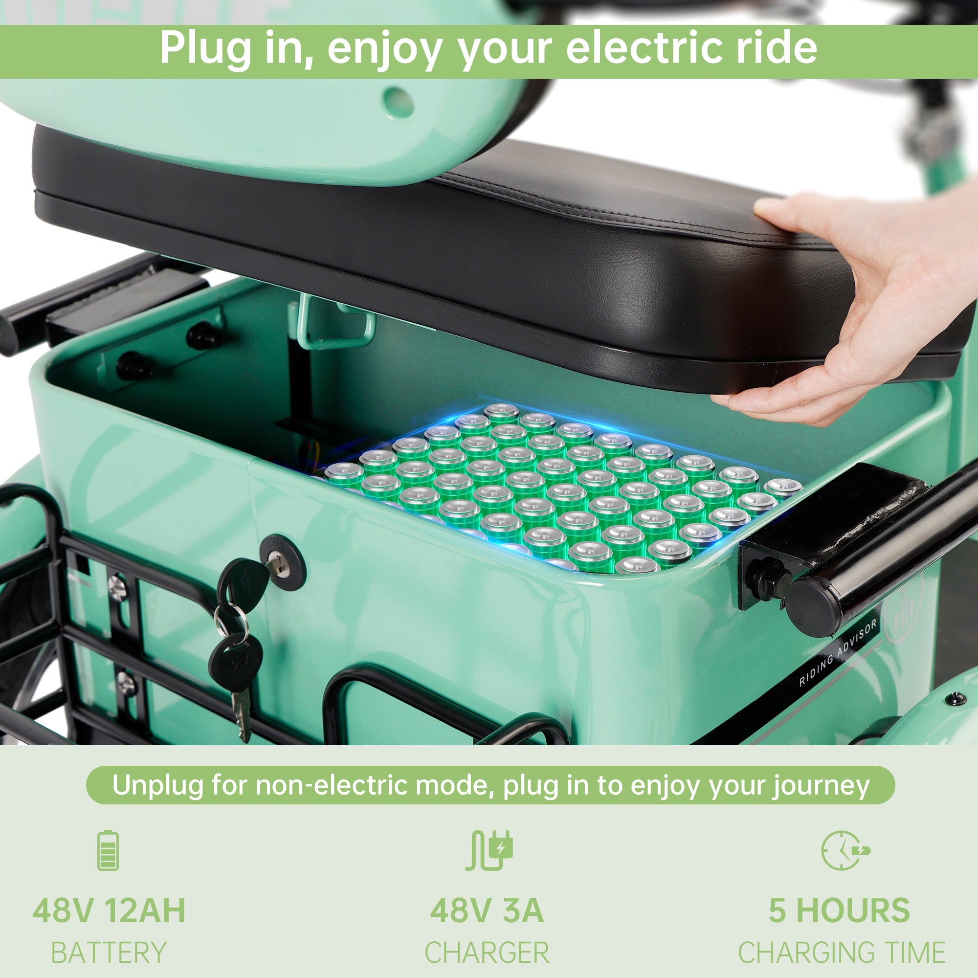 400W 48V 12A Electric Folding Tricycle 3 Wheel E-bike Green with Rear Seat for Adult