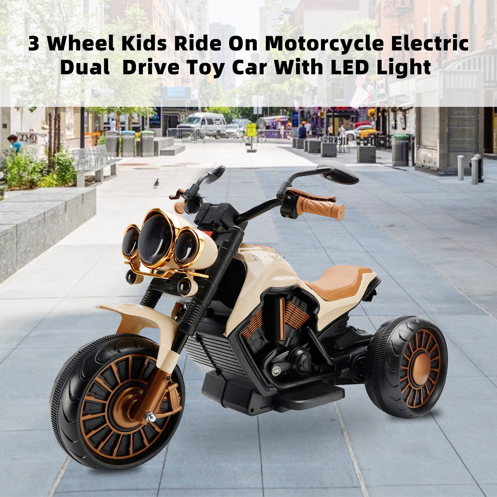 3 Wheel Kids Ride On Motorcycle Electric Dual Drive Toy Car With LED Light Brown