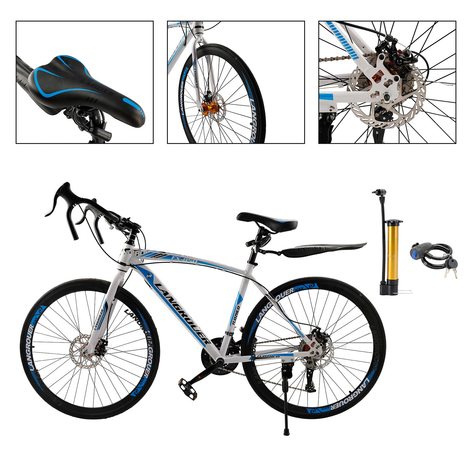 26" 27-Speed White-Blue Road Bike with Suspension & Disc Brakes