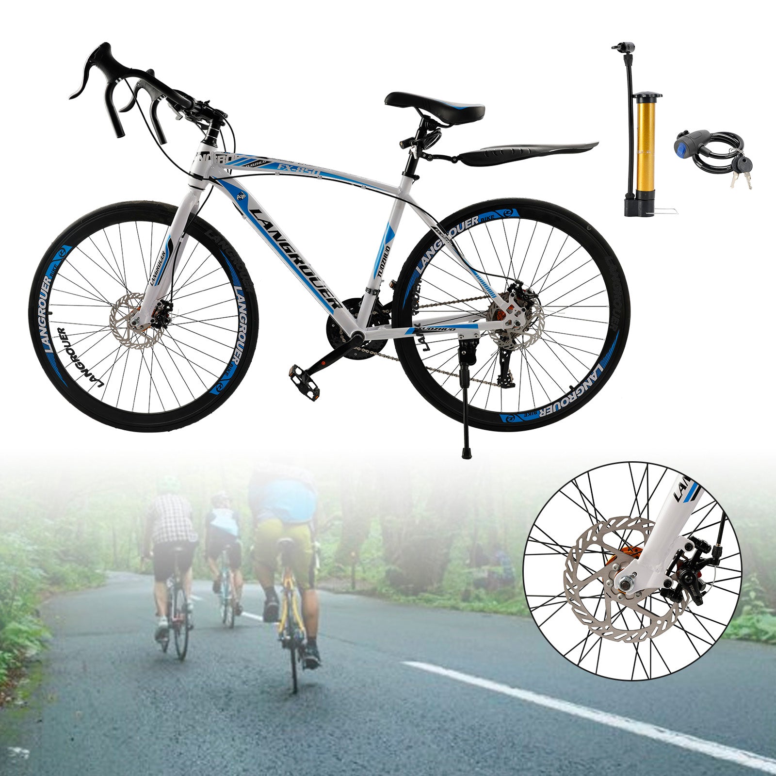 26" 27-Speed White-Blue Road Bike with Suspension & Disc Brakes