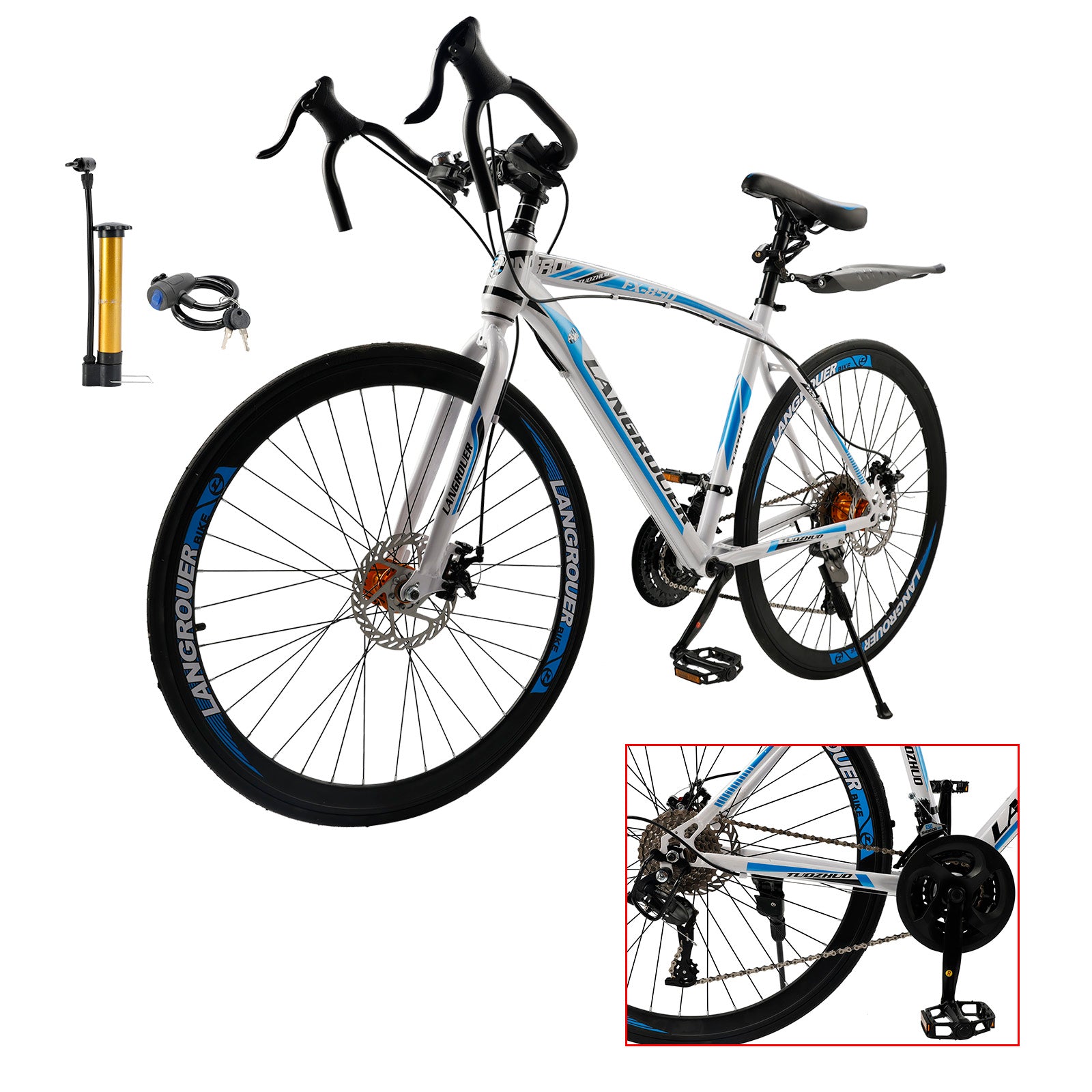 26" 27-Speed White-Blue Road Bike with Suspension & Disc Brakes