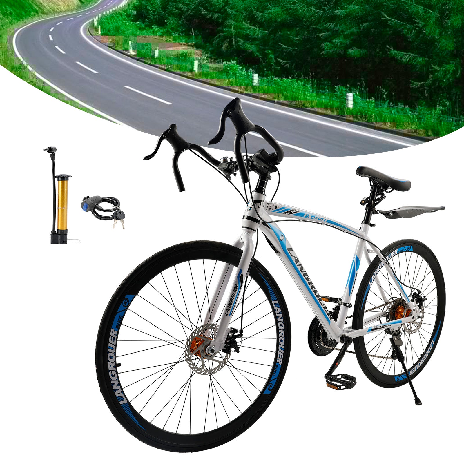 26" 27-Speed White-Blue Road Bike with Suspension & Disc Brakes