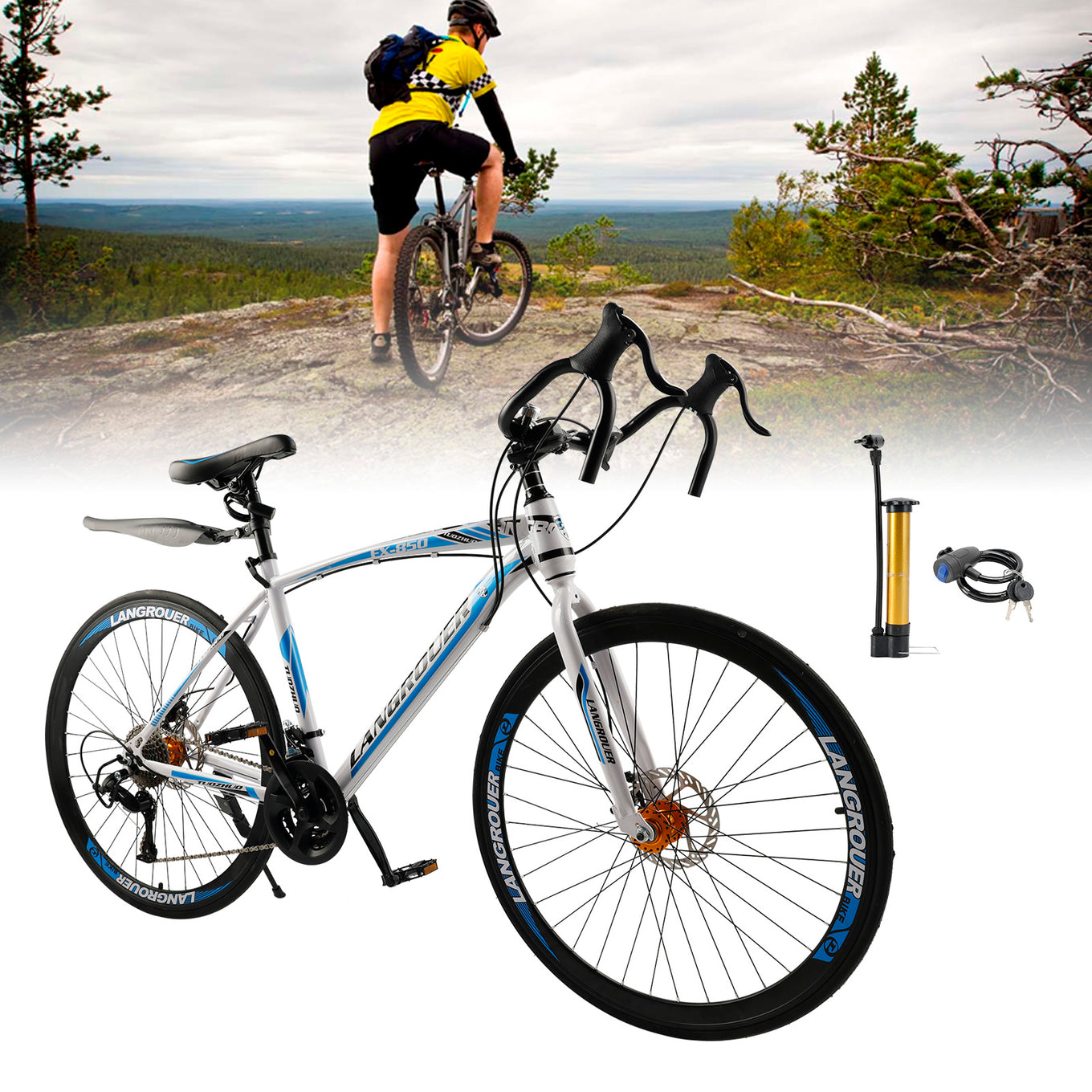 26" 27-Speed White-Blue Road Bike with Suspension & Disc Brakes