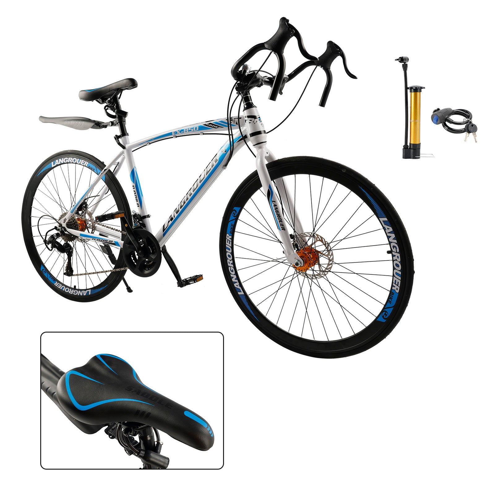 26" 27-Speed White-Blue Road Bike with Suspension & Disc Brakes