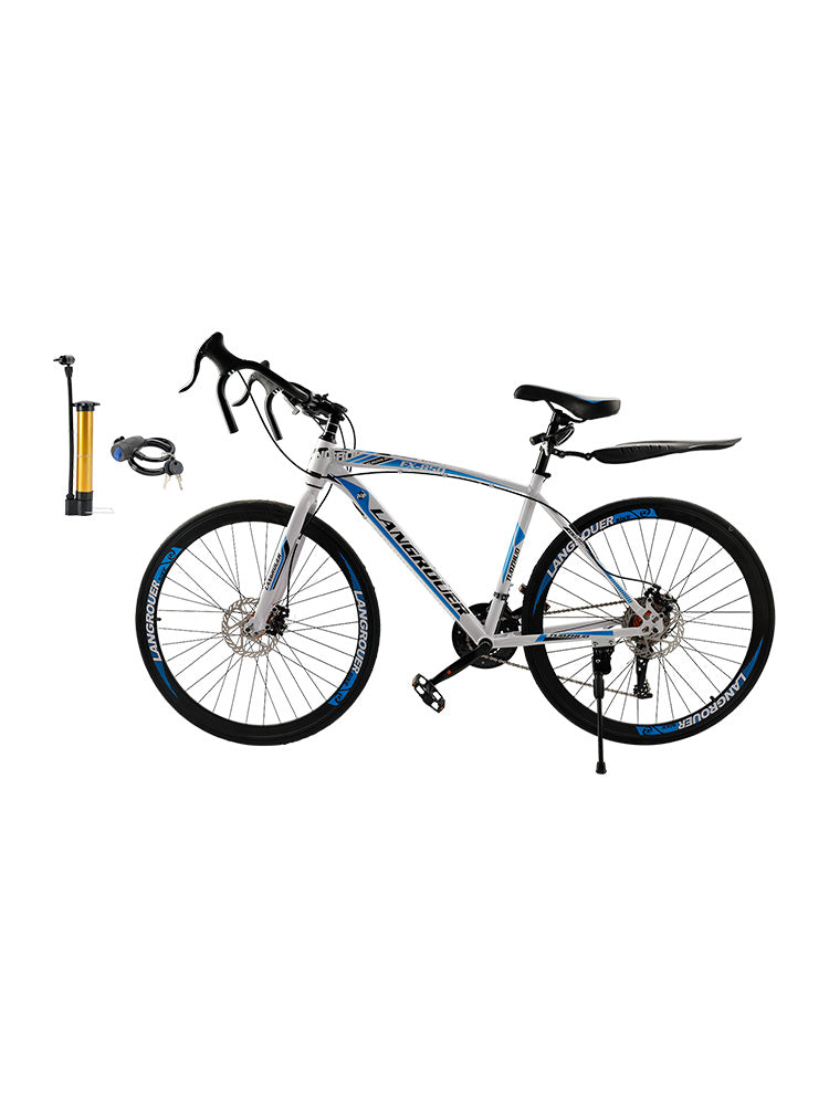 26" 27-Speed White-Blue Road Bike with Suspension & Disc Brakes