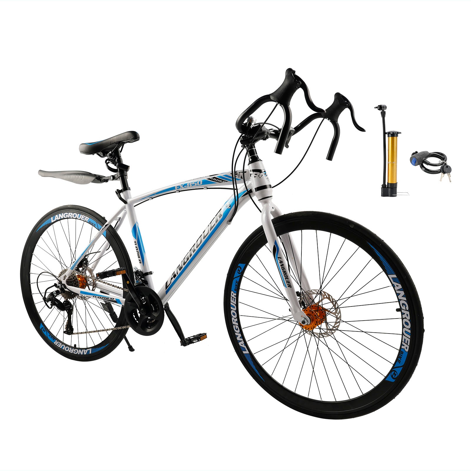 26" 27-Speed White-Blue Road Bike with Suspension & Disc Brakes