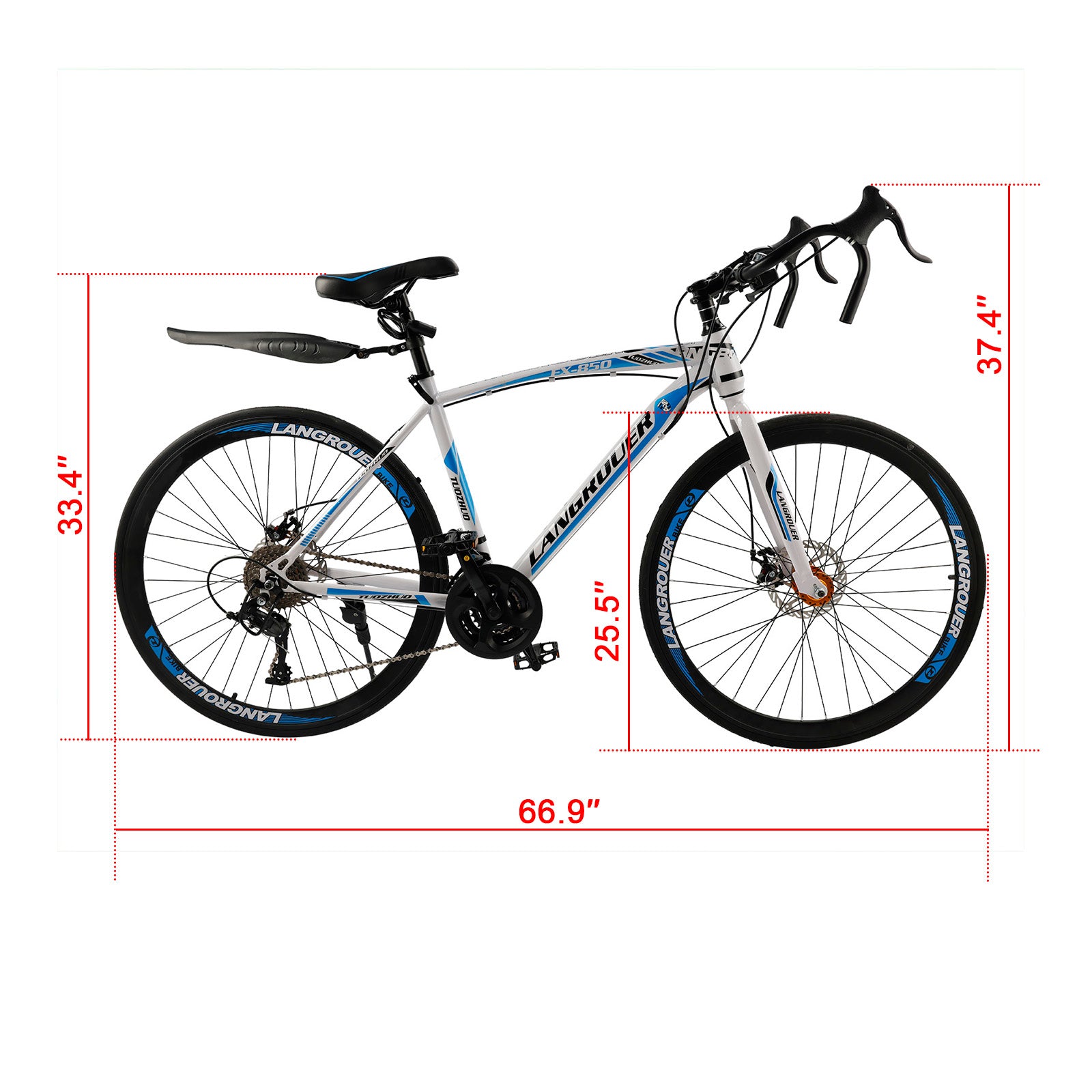 26" 27-Speed White-Blue Road Bike with Suspension & Disc Brakes