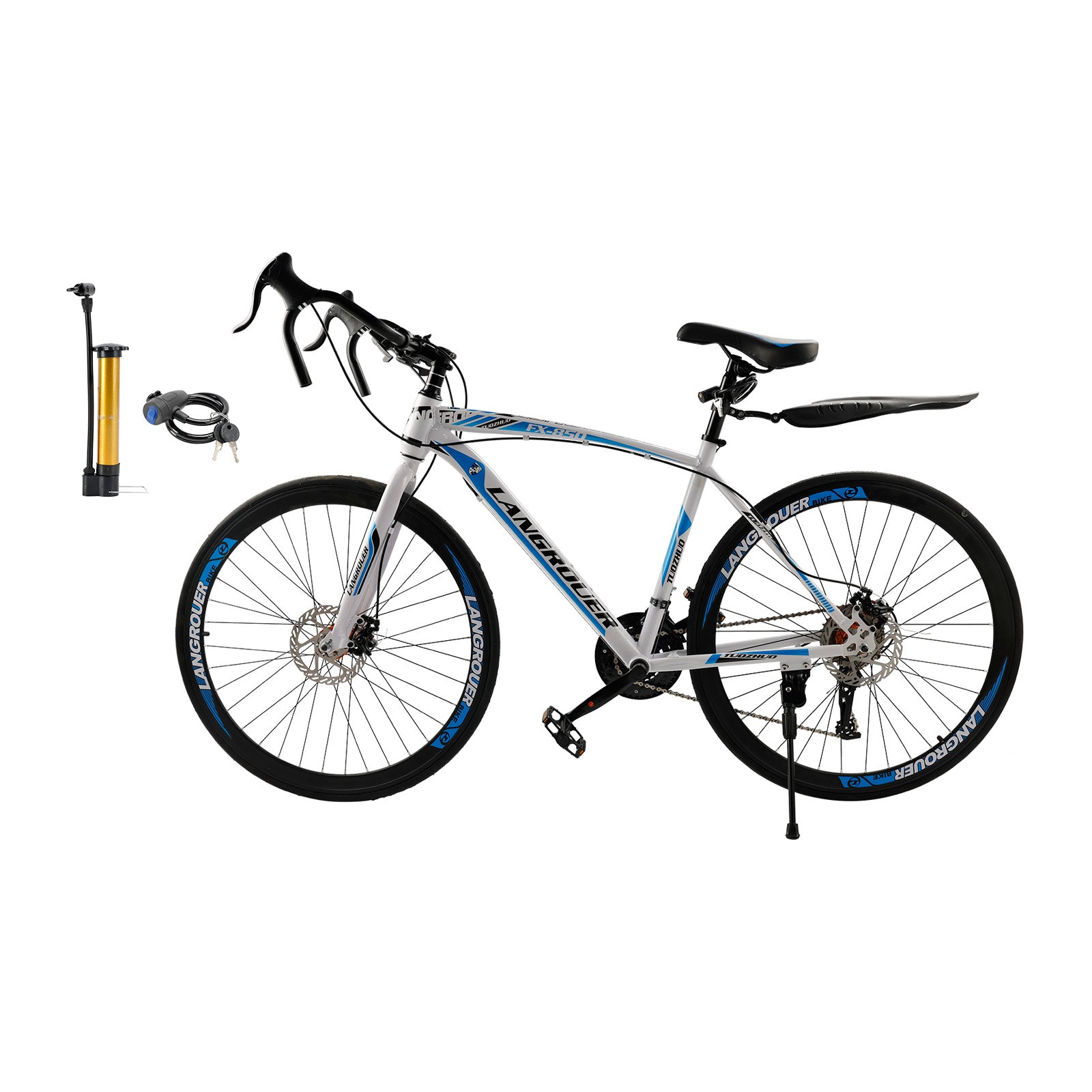 26" 27-Speed White-Blue Road Bike with Suspension & Disc Brakes