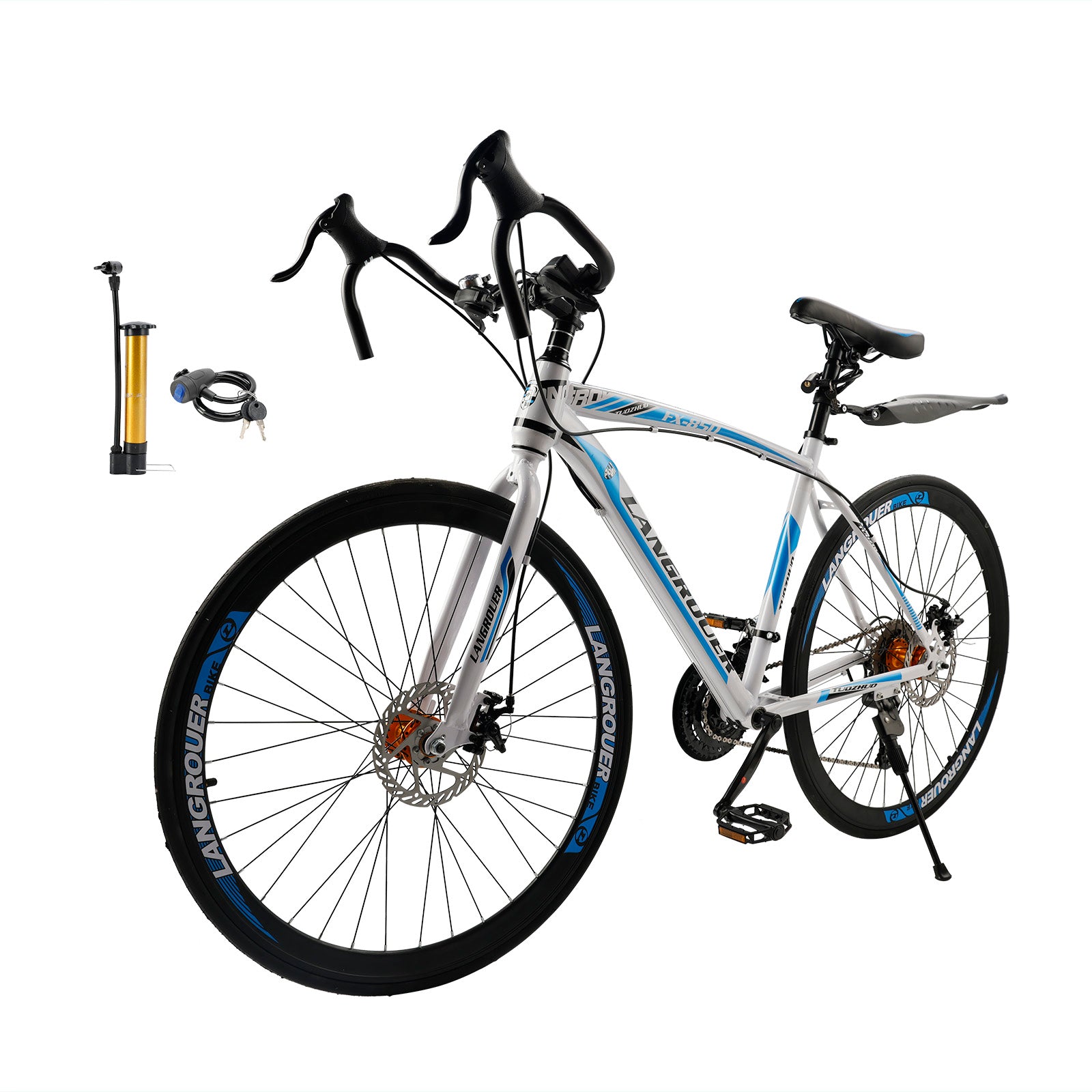 26" 27-Speed White-Blue Road Bike with Suspension & Disc Brakes