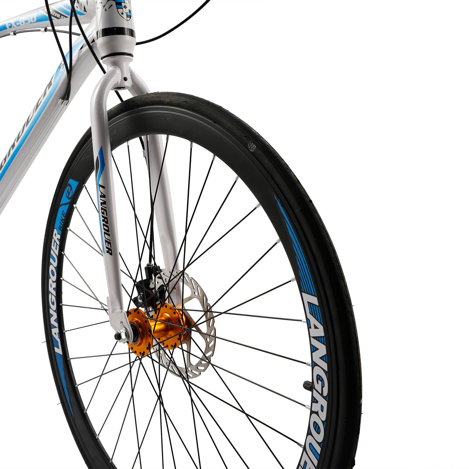 26" 27-Speed White-Blue Road Bike with Suspension & Disc Brakes