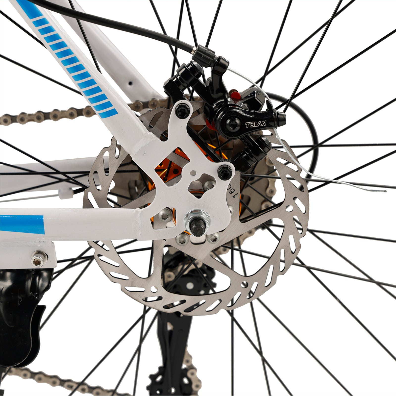 26" 27-Speed White-Blue Road Bike with Suspension & Disc Brakes