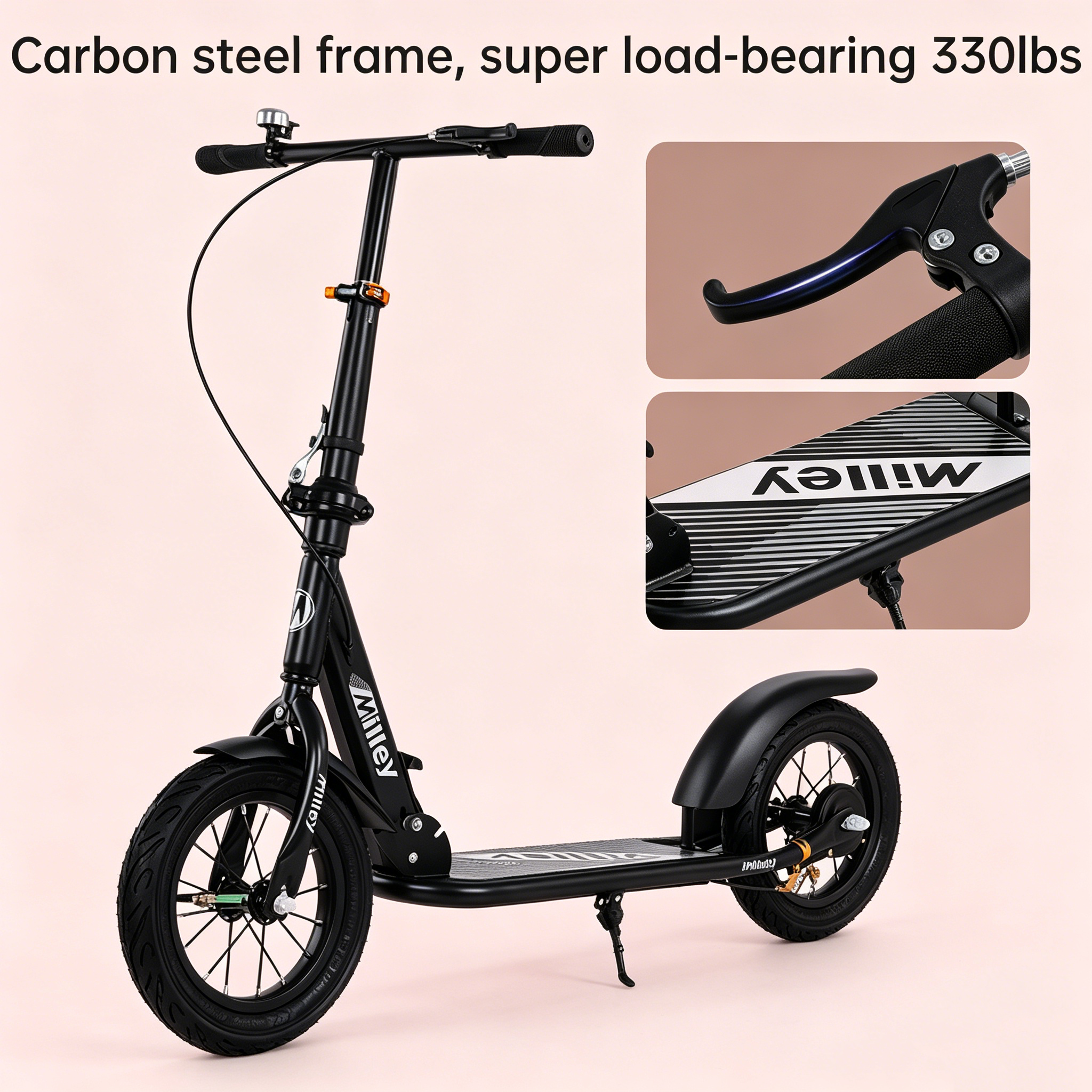 Black Foldable Commuter Scooter for Adults & Teens – Shock-Absorbing, 12" Air Tires