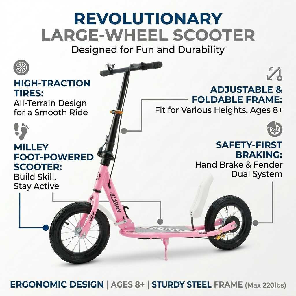 Pink Shock-Absorbing Scooter for Adults & Teens – 12" Large Rolling Rubber Tires, Foldable