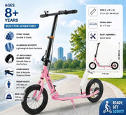 Pink Shock-Absorbing Scooter for Adults & Teens – 12" Large Rolling Rubber Tires, Foldable