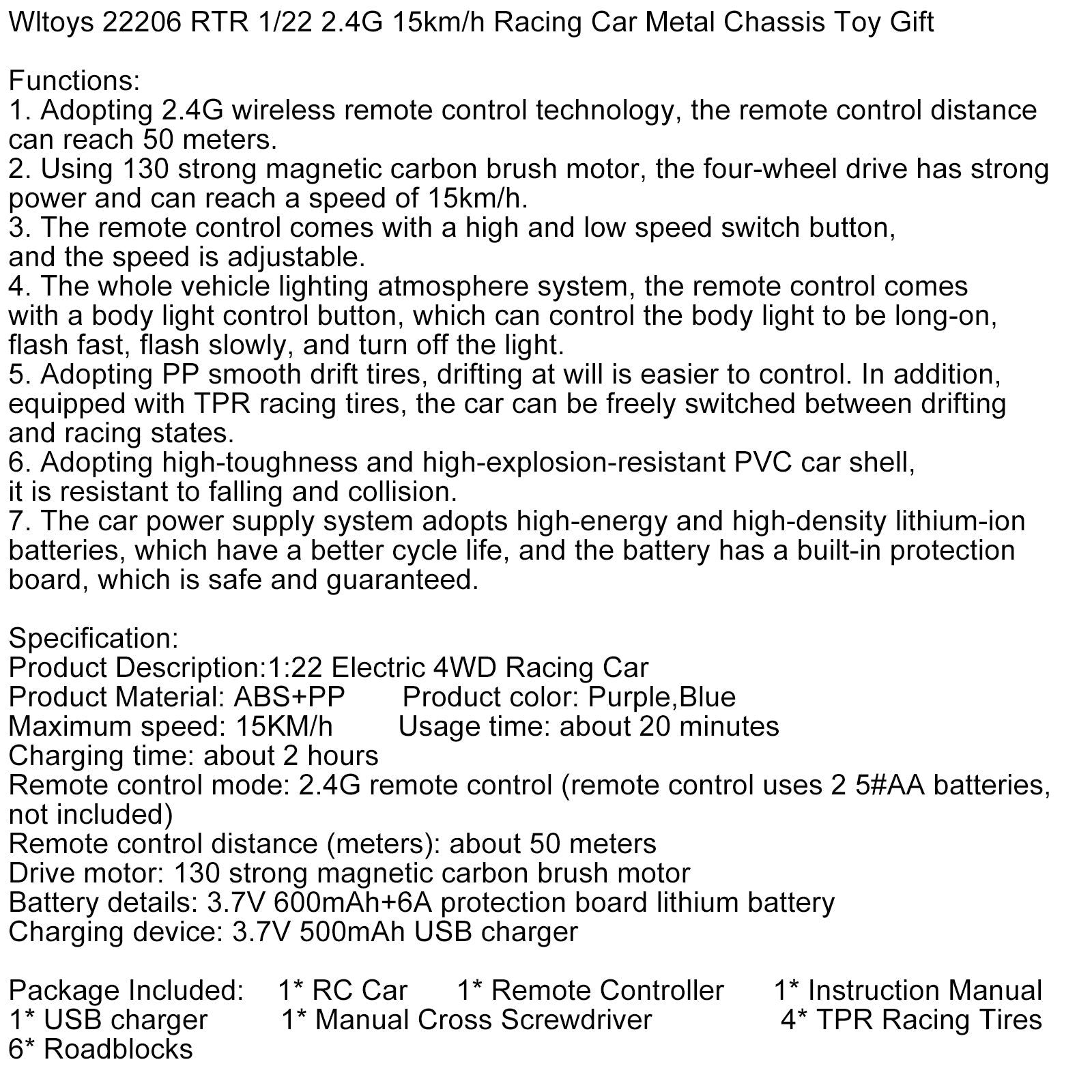 Wltoys 22206 RTR 1/22 2.4G 15km/h Racing Car Metal Chassis Toy Gift