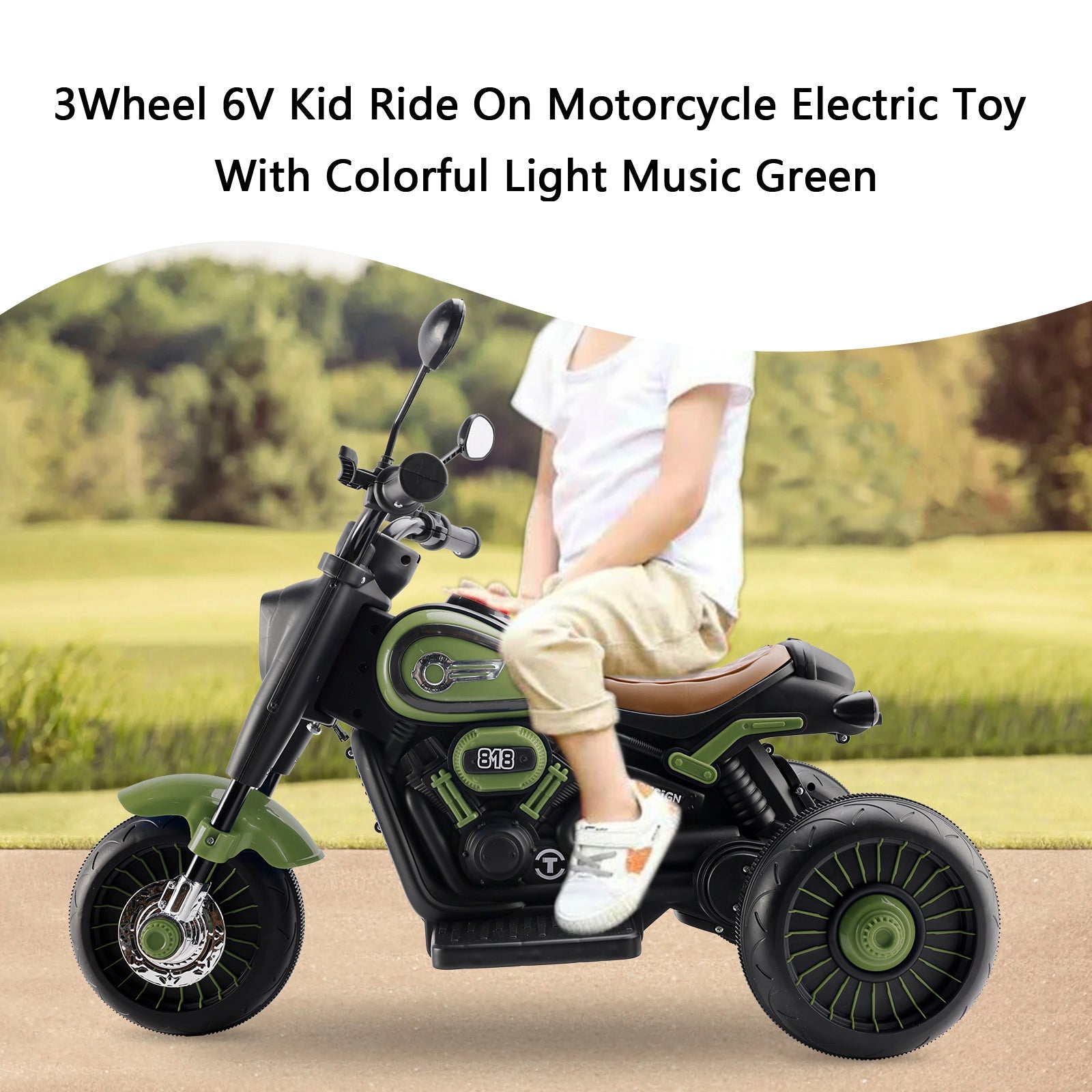 3-Wheel 6V Kids Ride-On Motorcycle with Music & Colorful Light – Green