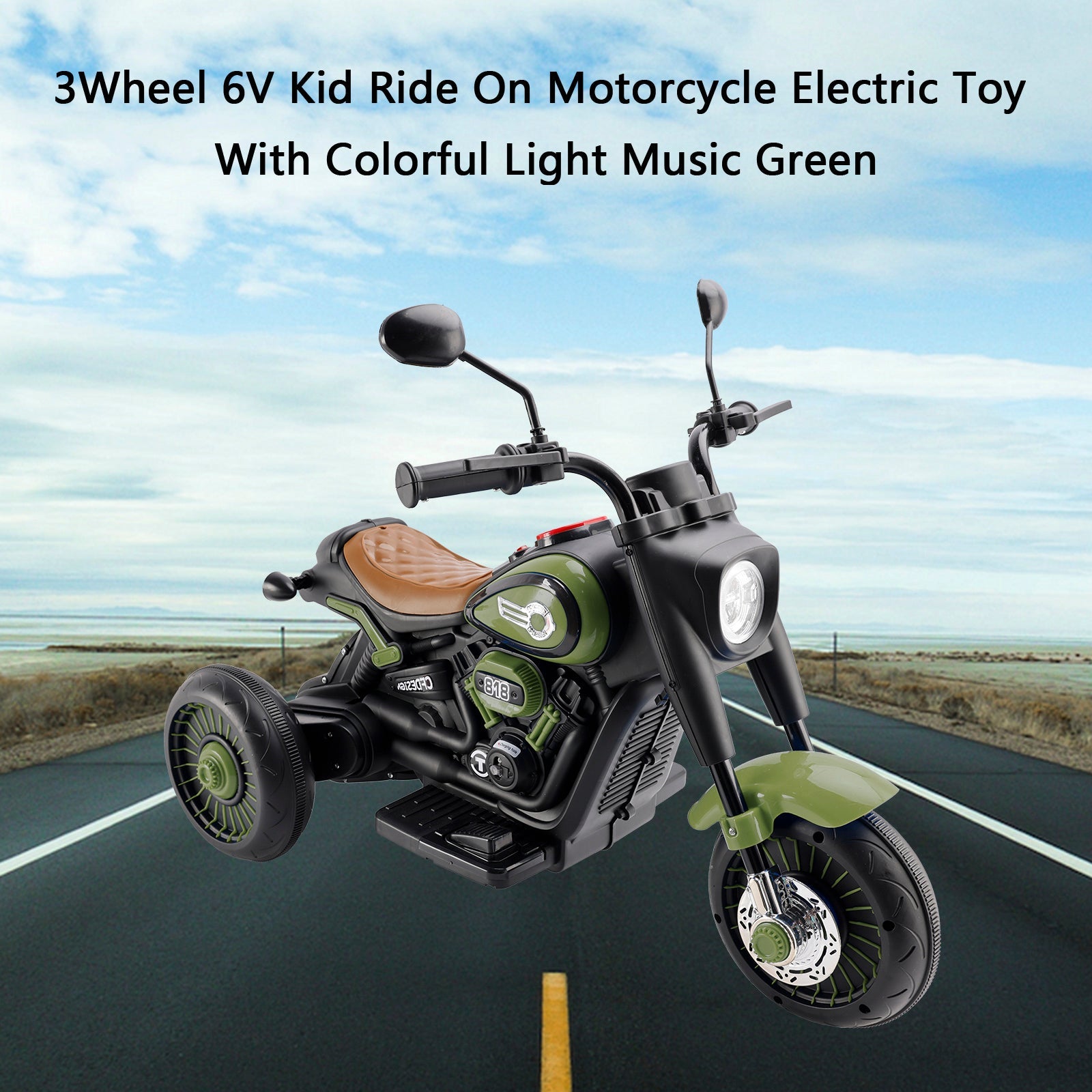 3-Wheel 6V Kids Ride-On Motorcycle with Music & Colorful Light – Green
