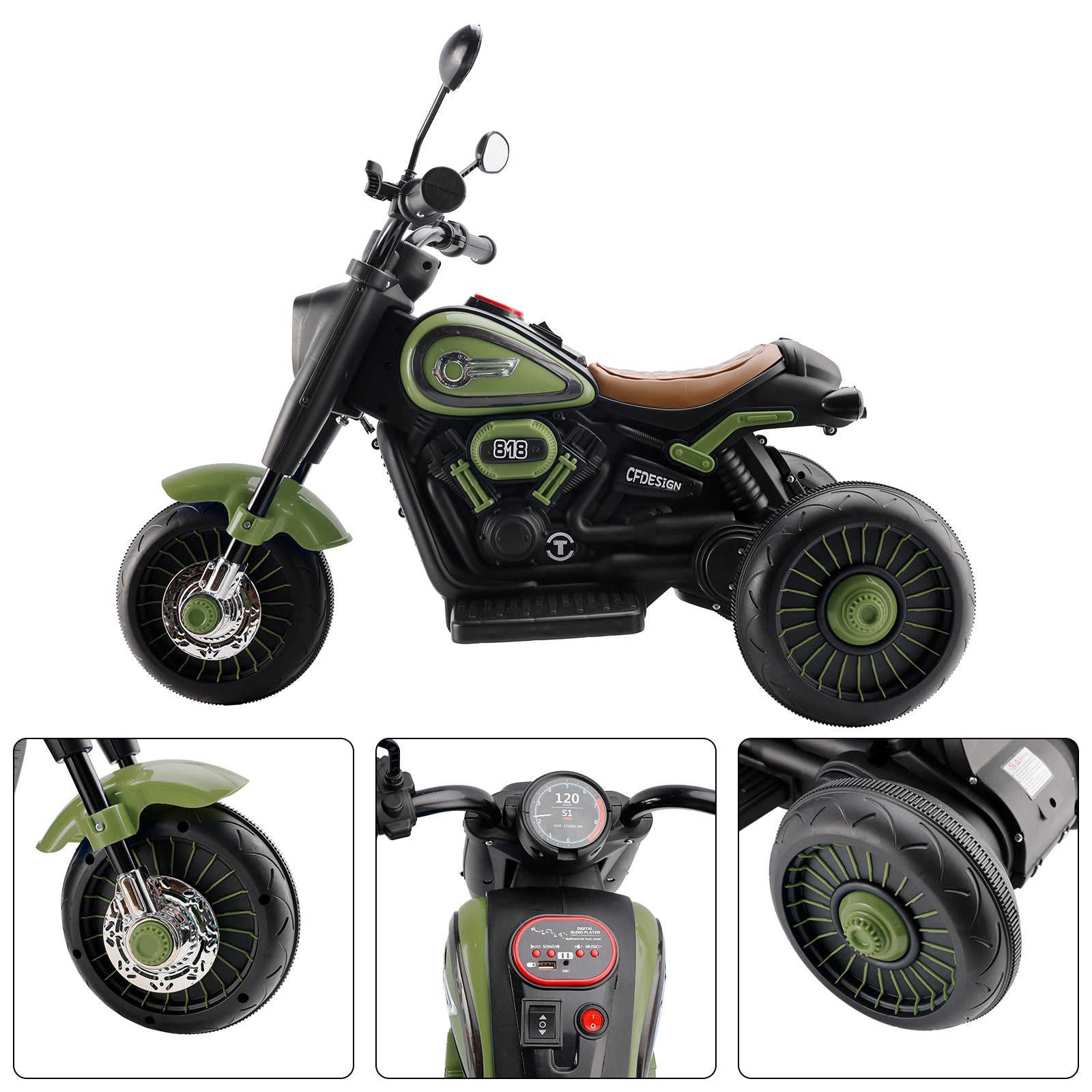 3-Wheel 6V Kids Ride-On Motorcycle with Music & Colorful Light – Green