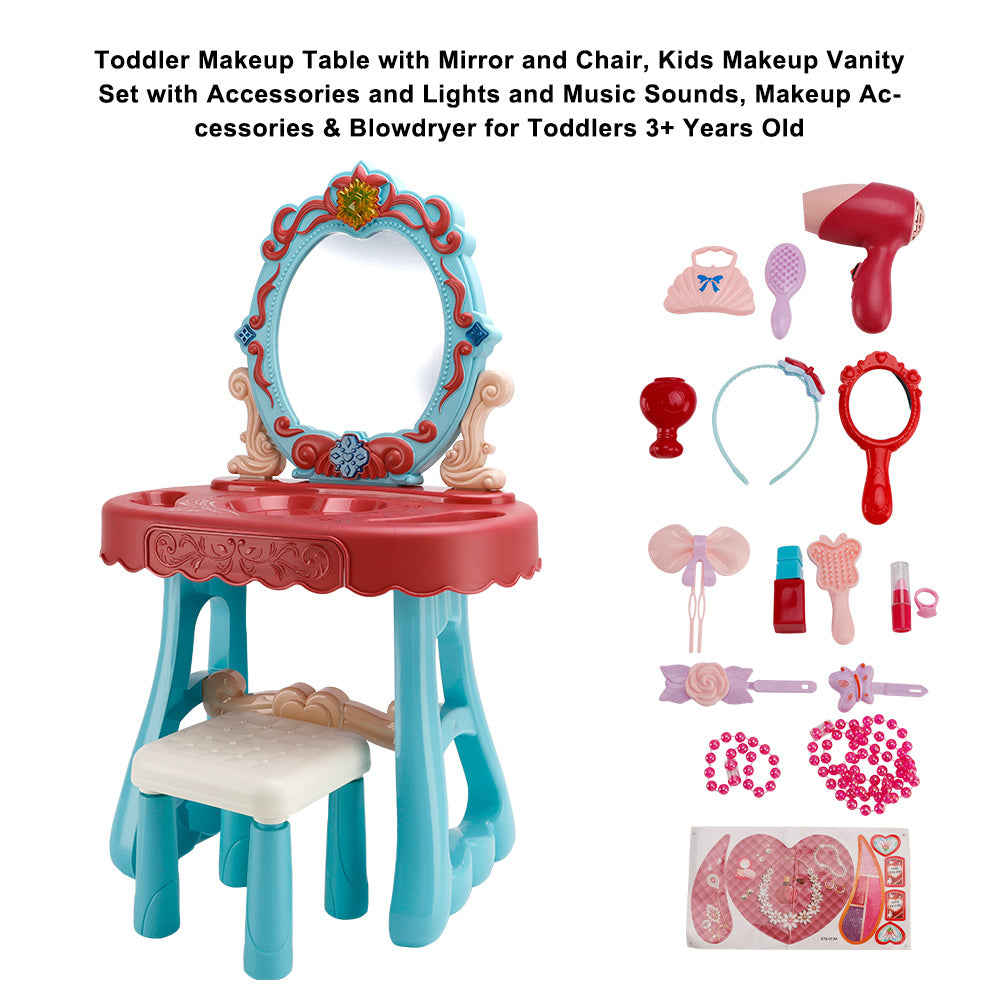 Toddler Makeup Table with Mirror and Chair Kids Vanity Set with Blowdryer for 3+