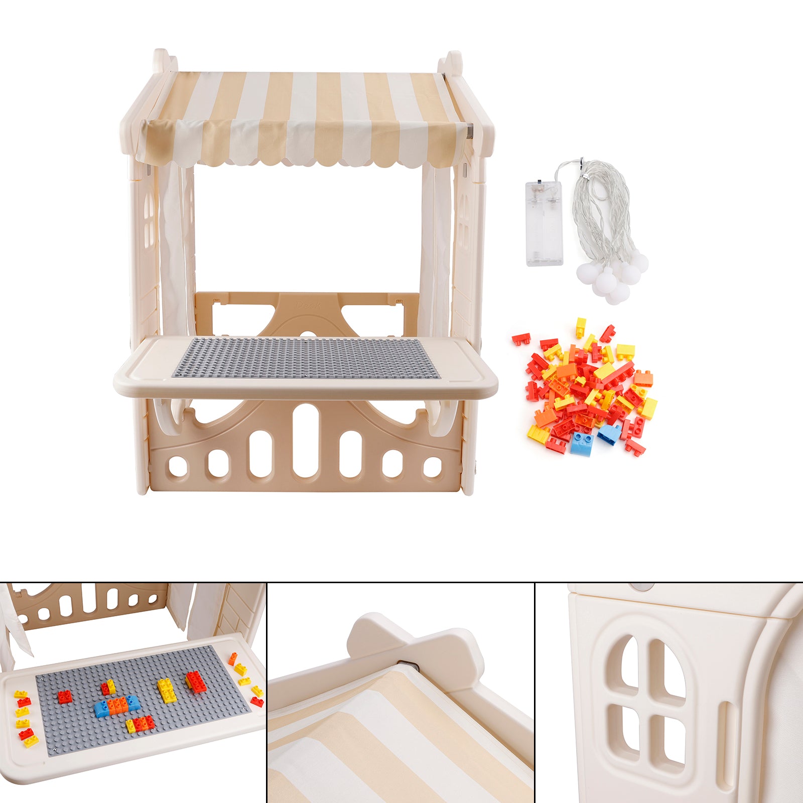 Kids Plastic Outdoor Playhouse with Lights & Building Blocks – Toddler Playhouse Toy for Backyard & Garden Fun