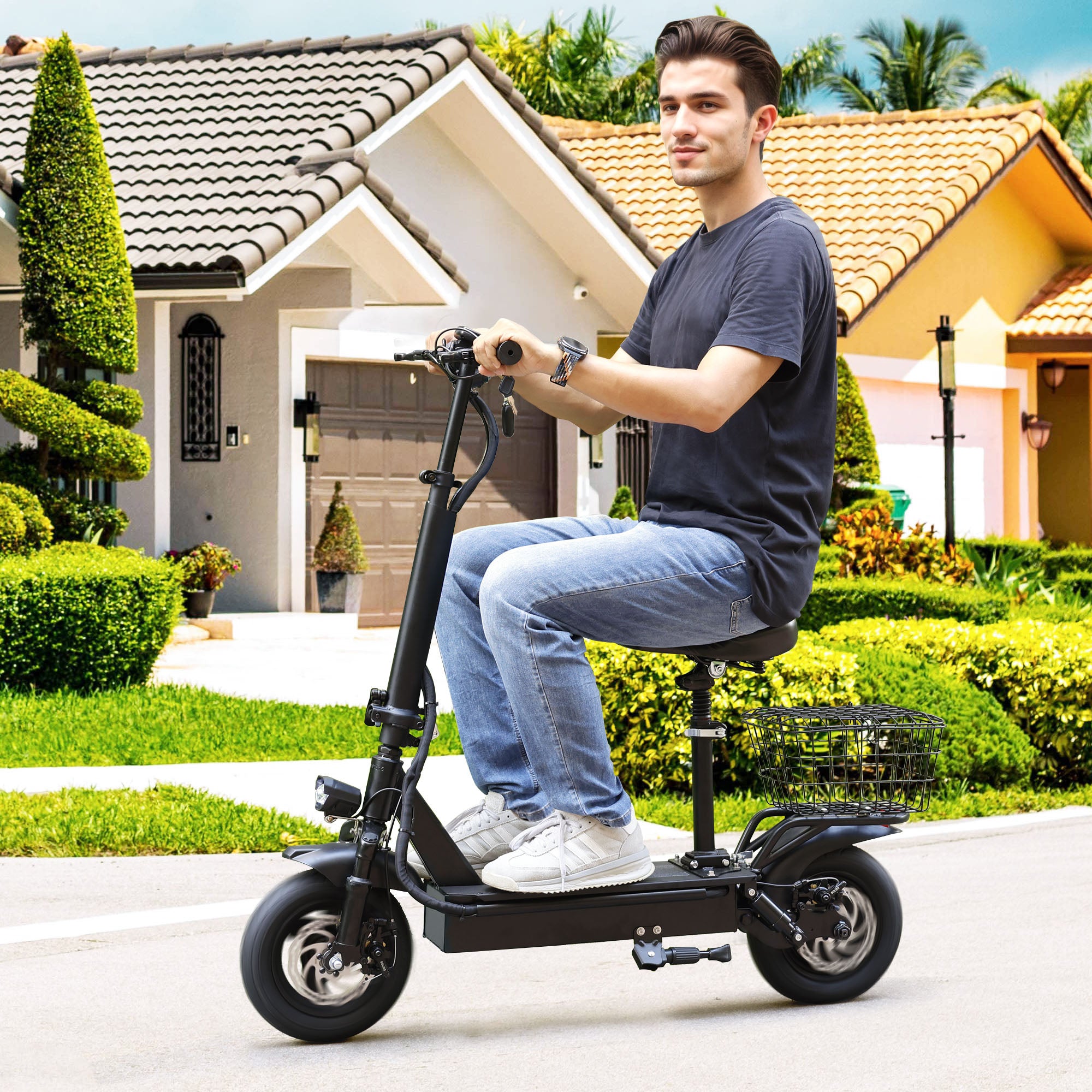 400W Adult Shock Absorption Electric Scooter with Seat 10" Commuter Electric Scooter With Carry Basket - Up to 25 Miles 20MPH For Lady