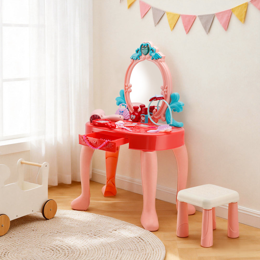 Toddler Makeup Table with Mirror and Chair Kids Vanity Set with Blowdryer for 3+