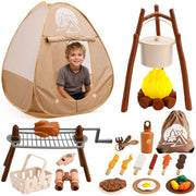 Kids Camping Set with Tent 34Pcs Camping Pretend Play Set with Light-Up Campfire