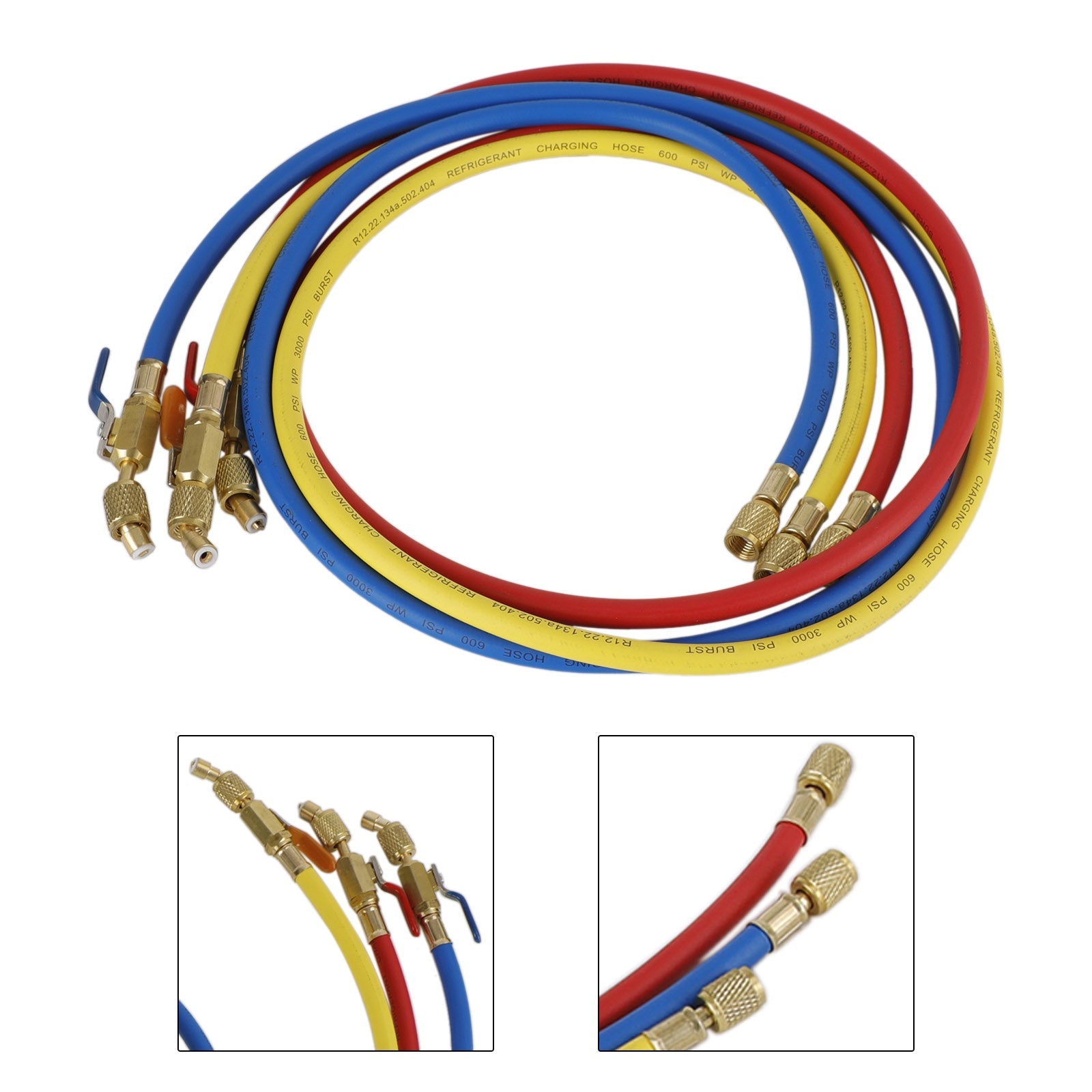 3x HVAC 1/4" SAE 600 PSI Charging Hoses W/ Shut Valve AC Refrigerant