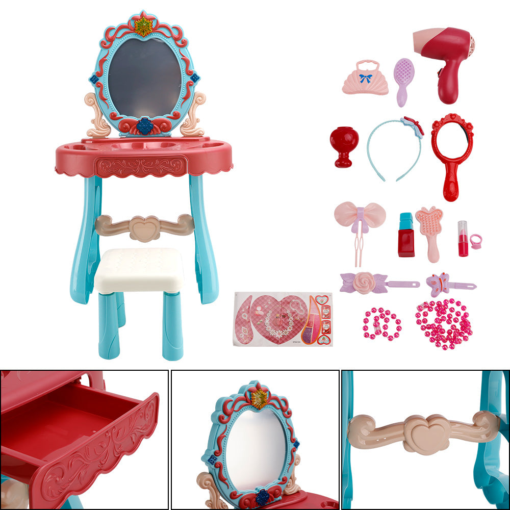 Toddler Makeup Table with Mirror and Chair Kids Vanity Set with Blowdryer for 3+