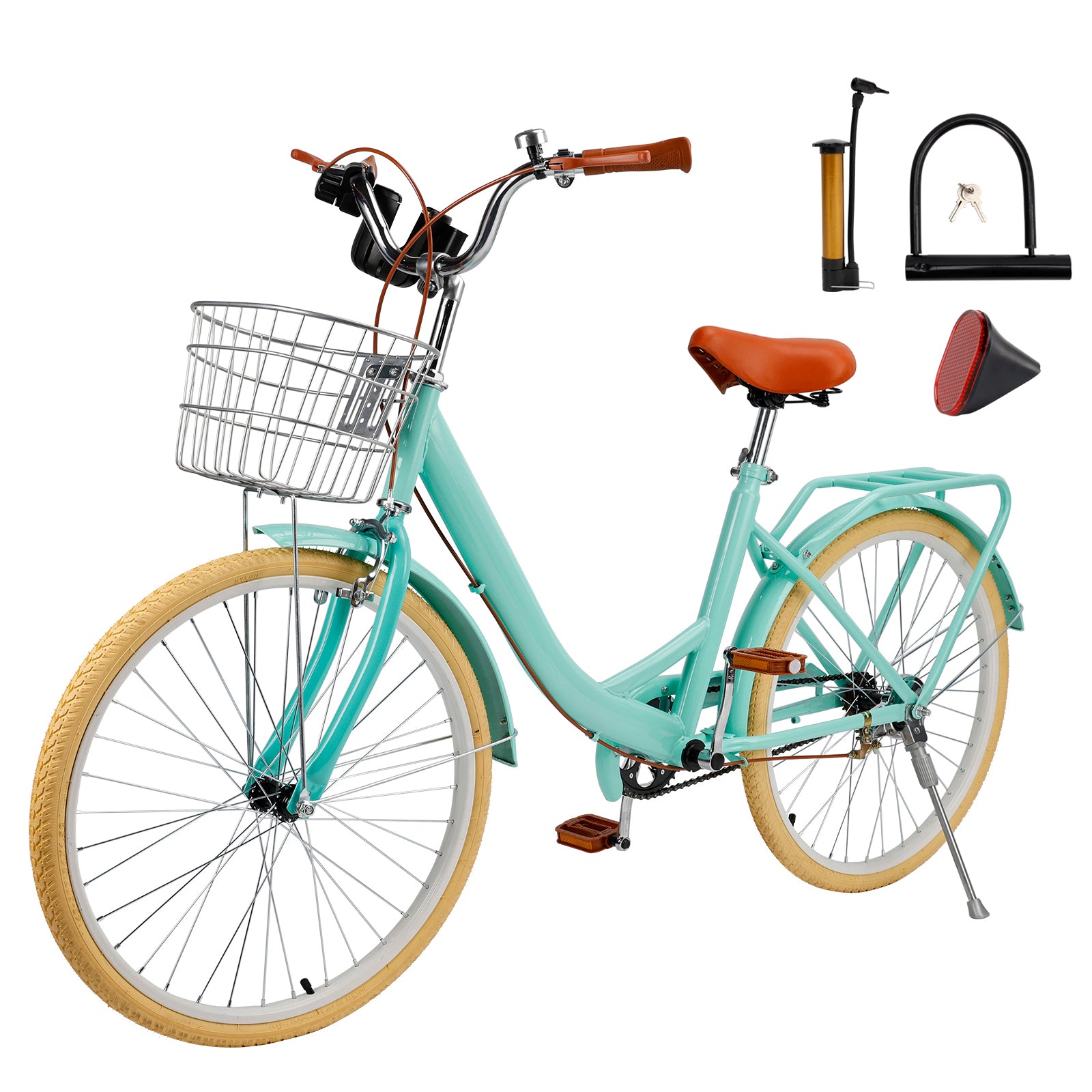 24 inch Women City Bicycle Beach Cruiser Bike with Basket & Rack Green